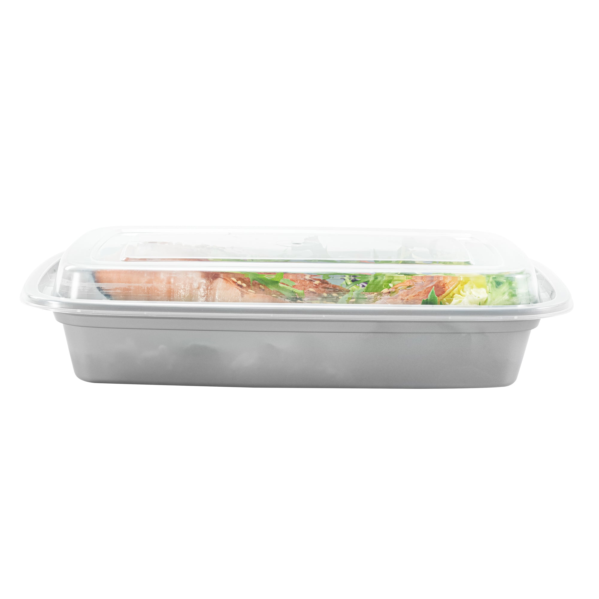 28 oz Rectangle Silver Plastic To-Go Food Containers with Clear Lids - Microwave Safe, 8.75