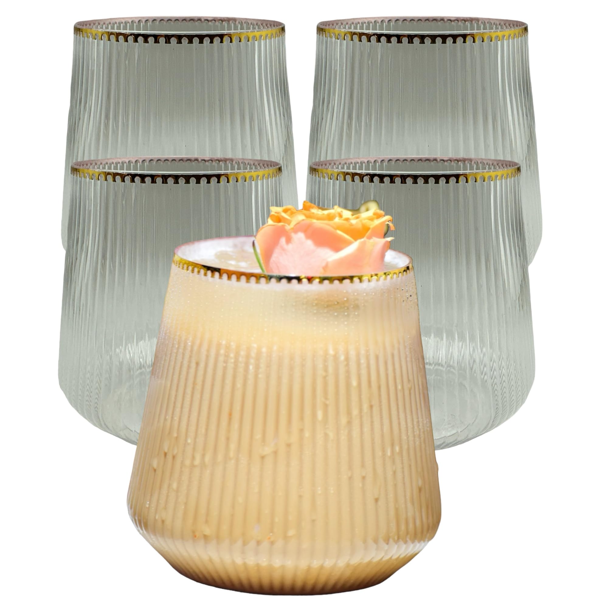 36-Pack Unbreakable Plastic Stemless Wine Glasses - 12oz Ribbed Champagne & Whiskey Cups with Gold Rim, Elegant & Durable for Indoor/Outdoor Use - Perfect for Weddings, Parties, Bars, Office & Home Entertaining