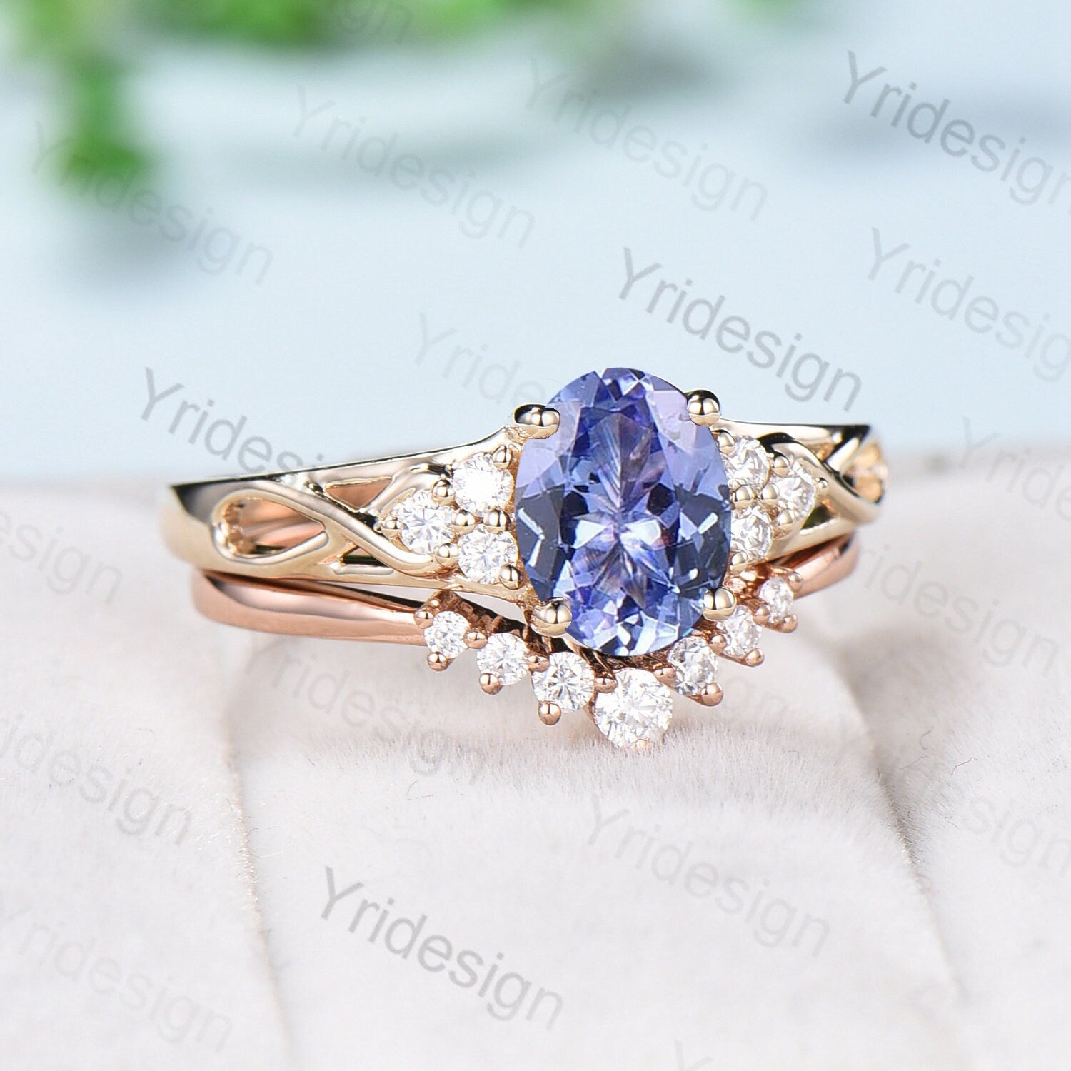 18K Yellow Gold Vintage Celtic Love Tanzanite & Diamond Engagement Ring Set for Women - Art Deco Wedding Jewelry with Natural Tanzanite Cluster | Perfect for Proposals, Anniversaries & Special Occasions