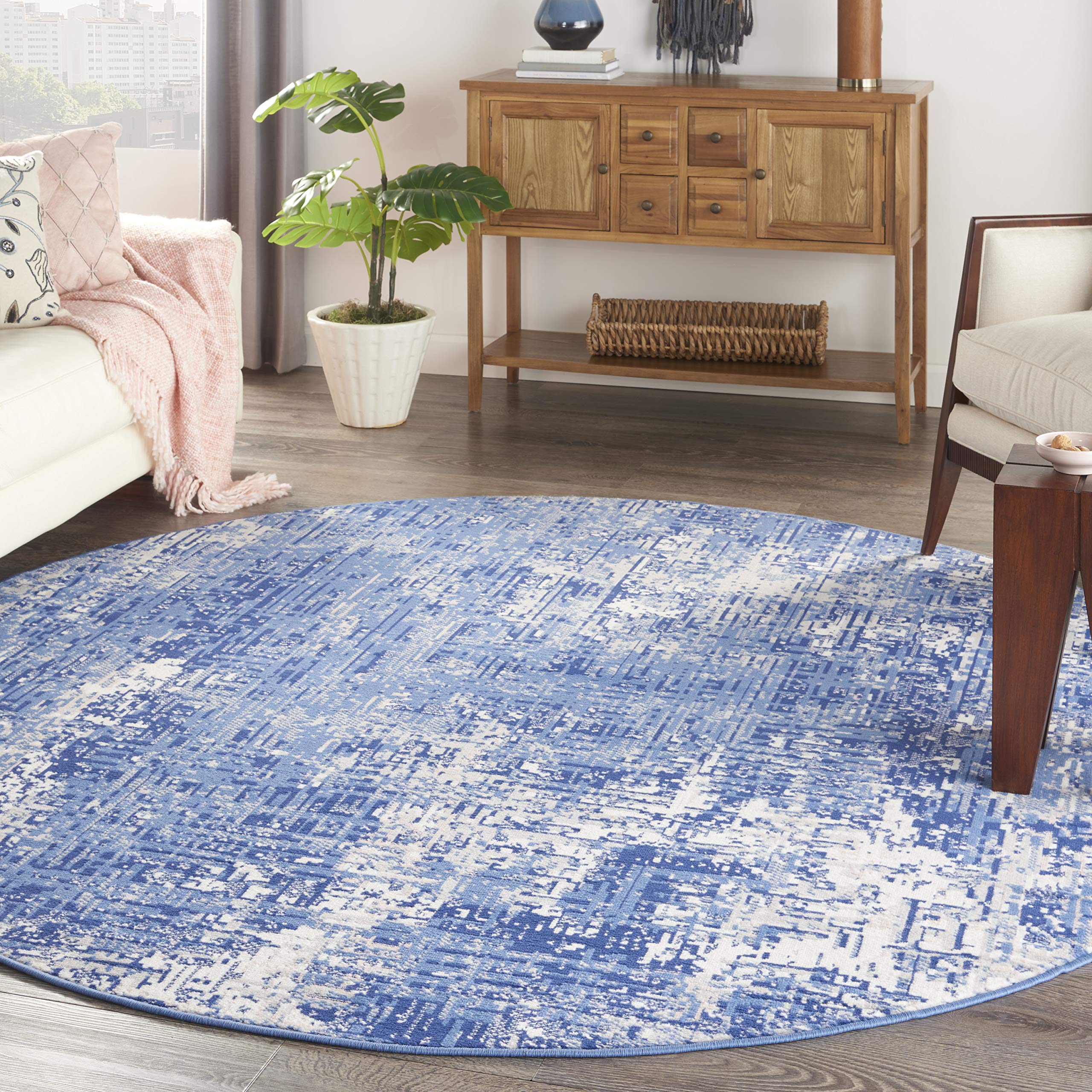 Nourison Whimsicle Abstract Blue Ivory 8' Round Area Rug - Easy Cleaning, Non-Shedding, Soft & Durable - Perfect for Bedroom, Living Room, Dining Room & Kitchen Decor (8ft Round)