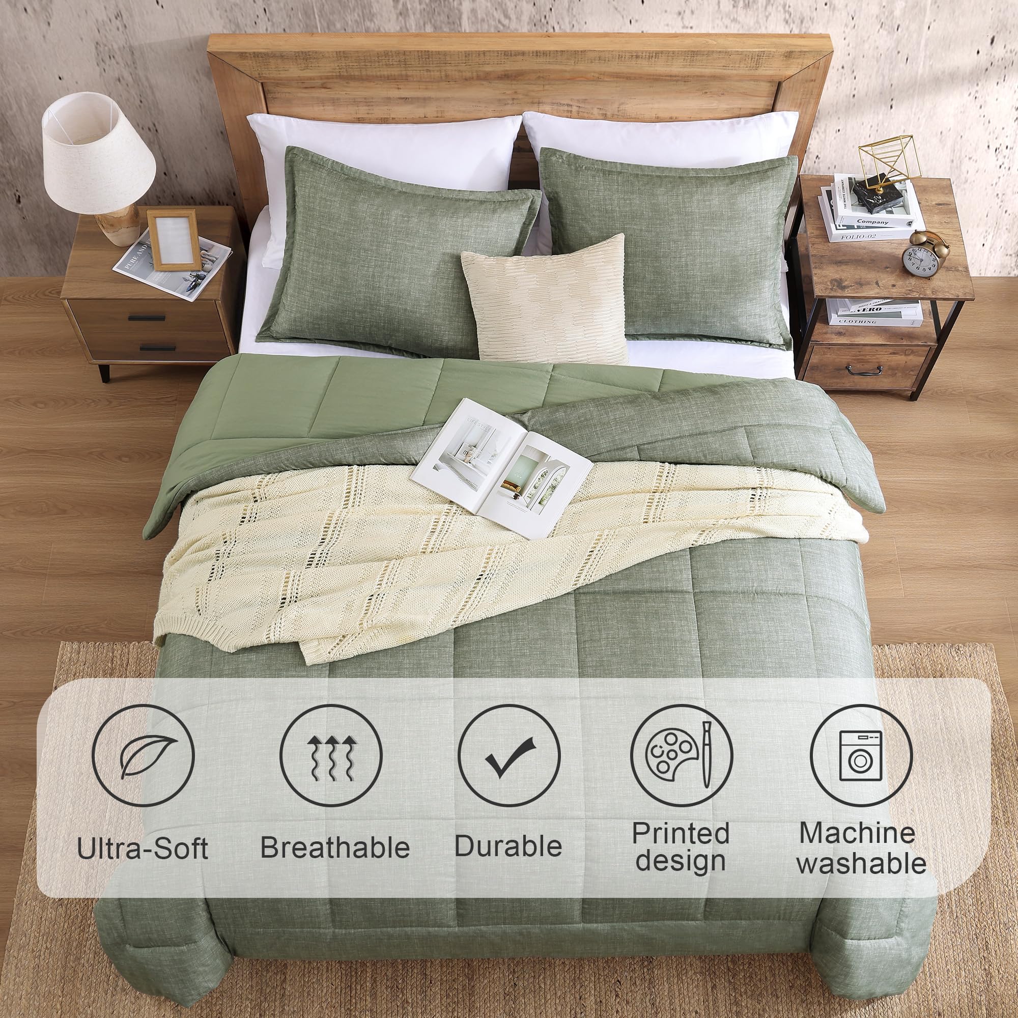 Monbix King Size Comforter Set - Ultra Soft 3-Piece All Seasons Bedding Set with 1 Comforter & 2 Pillow Shams (Sage Green, King 102x90) - Perfect for Master Bedroom, Guest Room & Cozy Home Decor