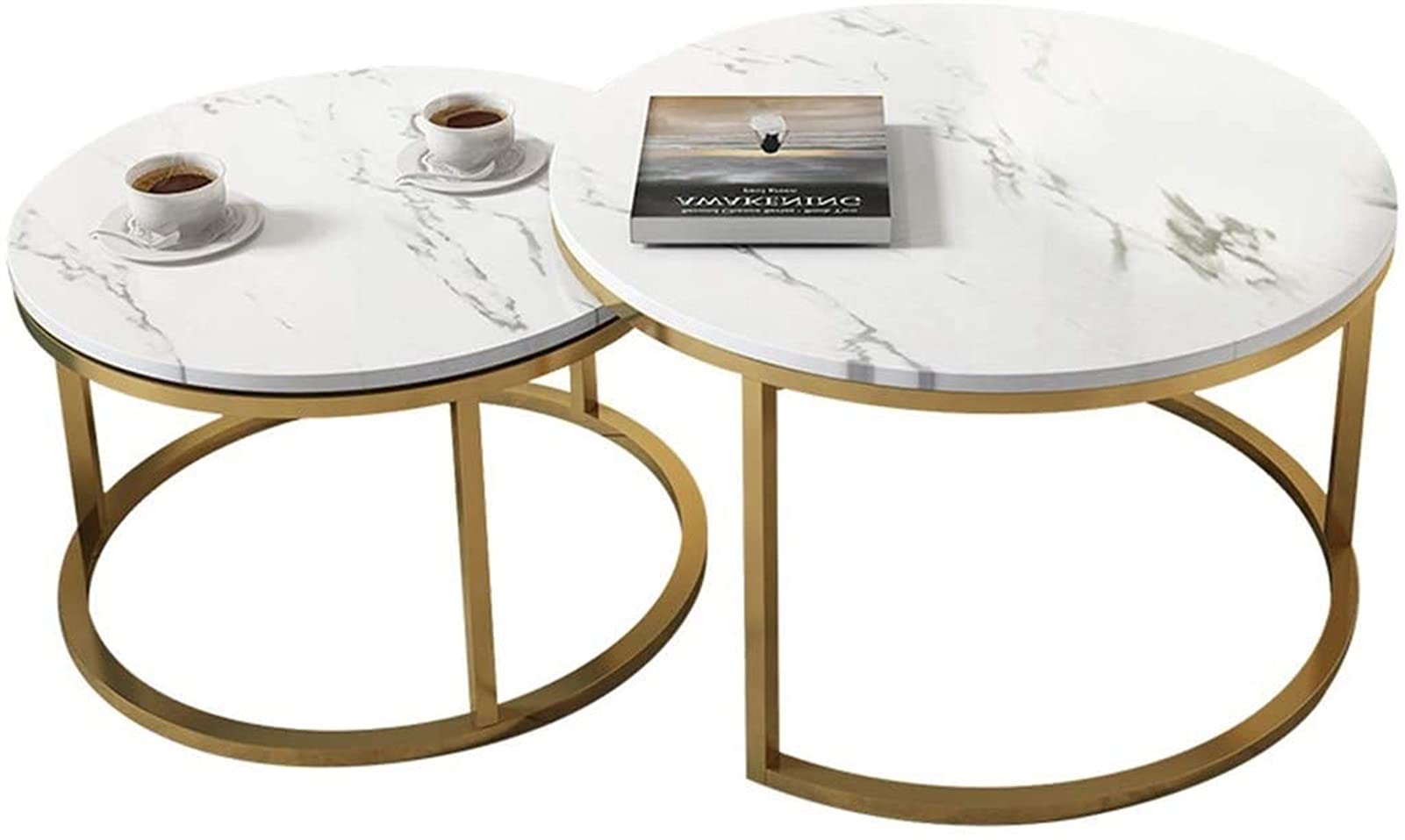 Modern Round Coffee Table - White Natural Marble Top Small Side Table/End Table/Sofa Table for Living Room (80cm+65cm) | Perfect for Small Spaces, Apartments & Lounge Areas