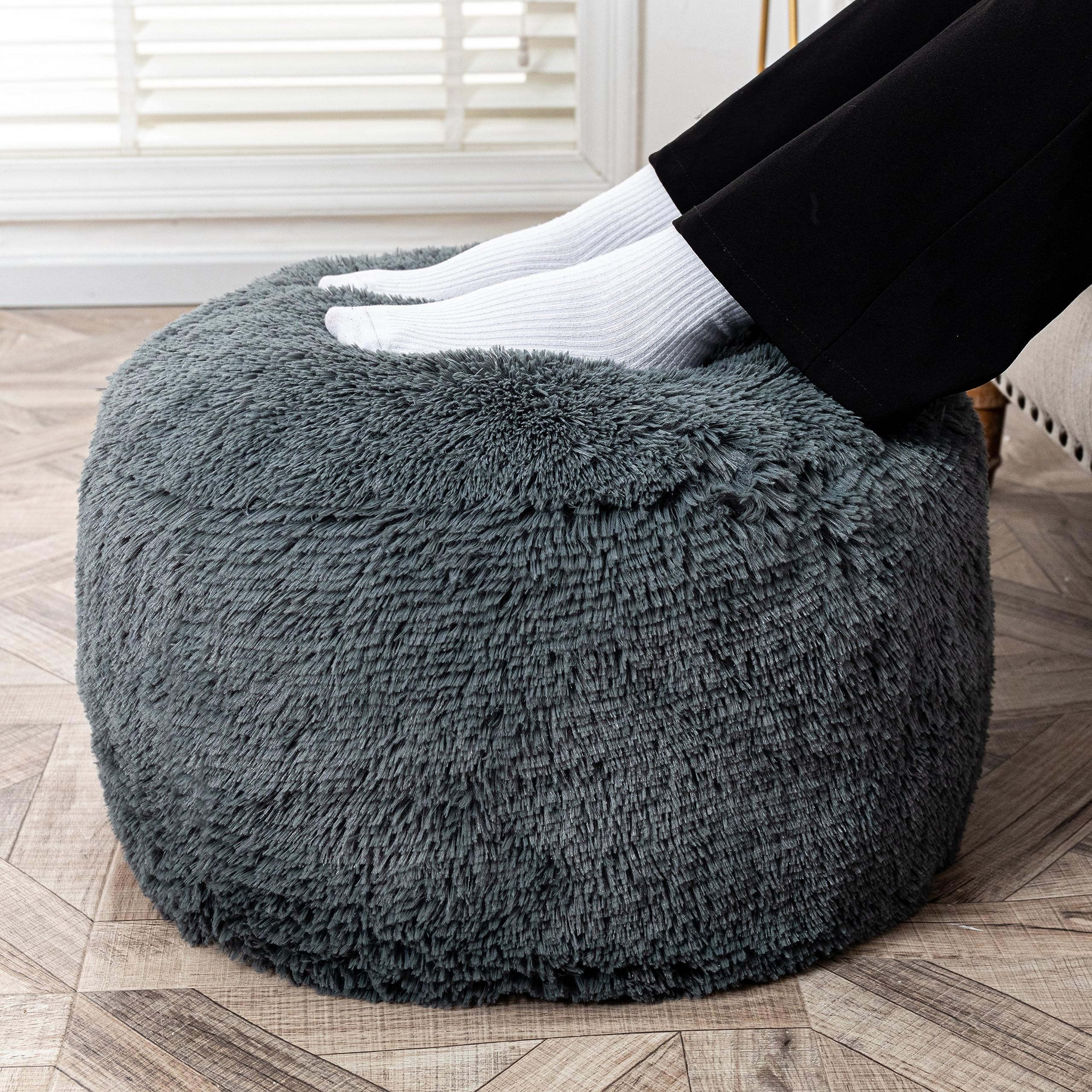 Fur Ottoman Stool Cover - 20x12 Inch Round Foot Rest Pouf, No Filler, Foldable Floor Bean Bag Chair for Living Room & Bedroom - Dark Gray - Perfect for Cozy Home Decor, Reading Nook, and Pet Lounging
