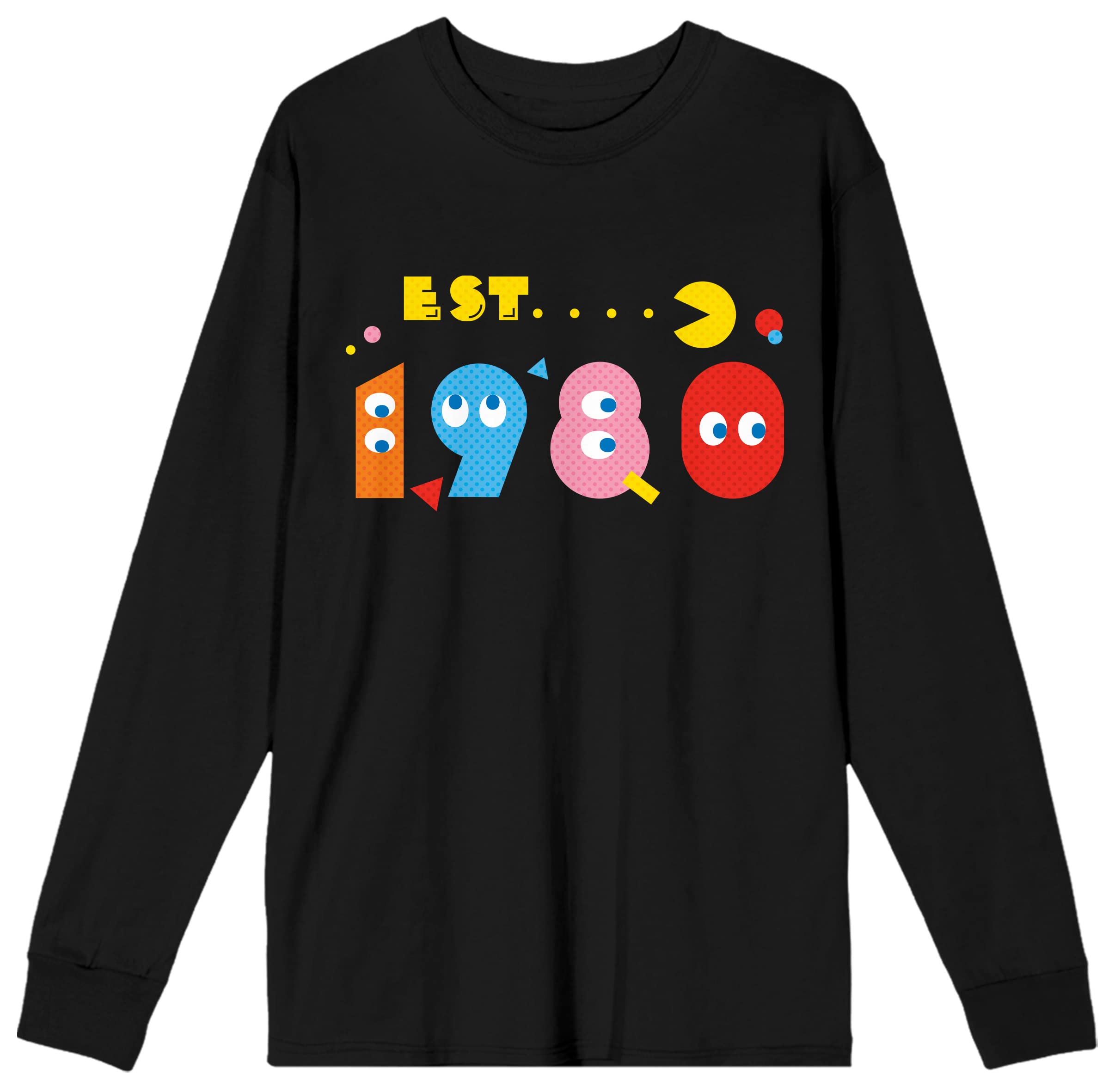 **Bioworld Pacman Ghost Crew Men's Black Long Sleeve T-Shirt | Retro 1980s Gaming Tee | Casual Wear & Gamer Gifts**