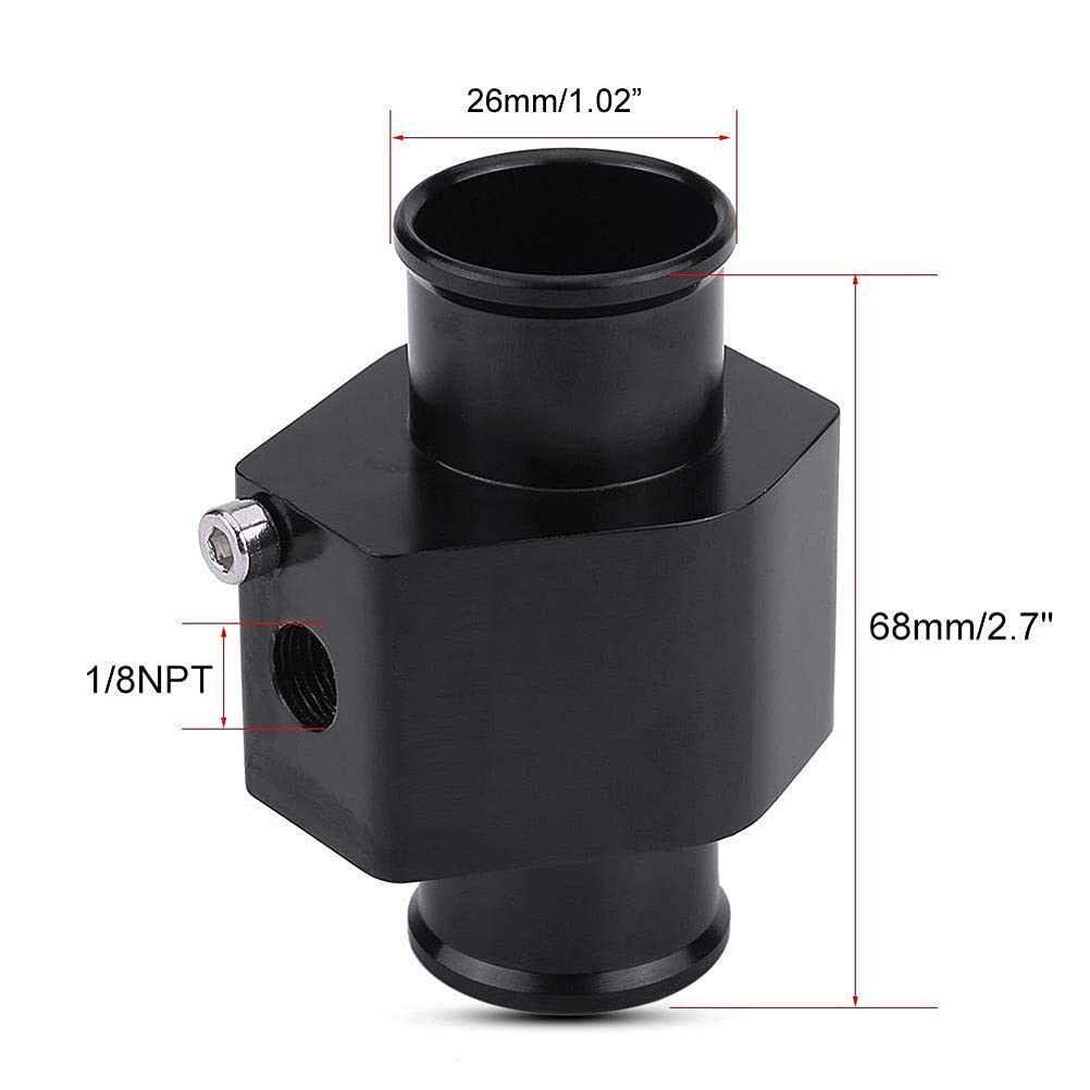 High Precision Black Aluminum Water Temperature Gauge - 26mm Radiator Sensor Adapter with Hose Clamps | Engine Cooling System Monitoring for Cars, Trucks & Motorcycles