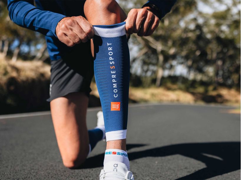 Compressport Unisex R2 3.0 Calf Sleeves - Blue & White Compression Support for Running, Cycling & Sports Recovery