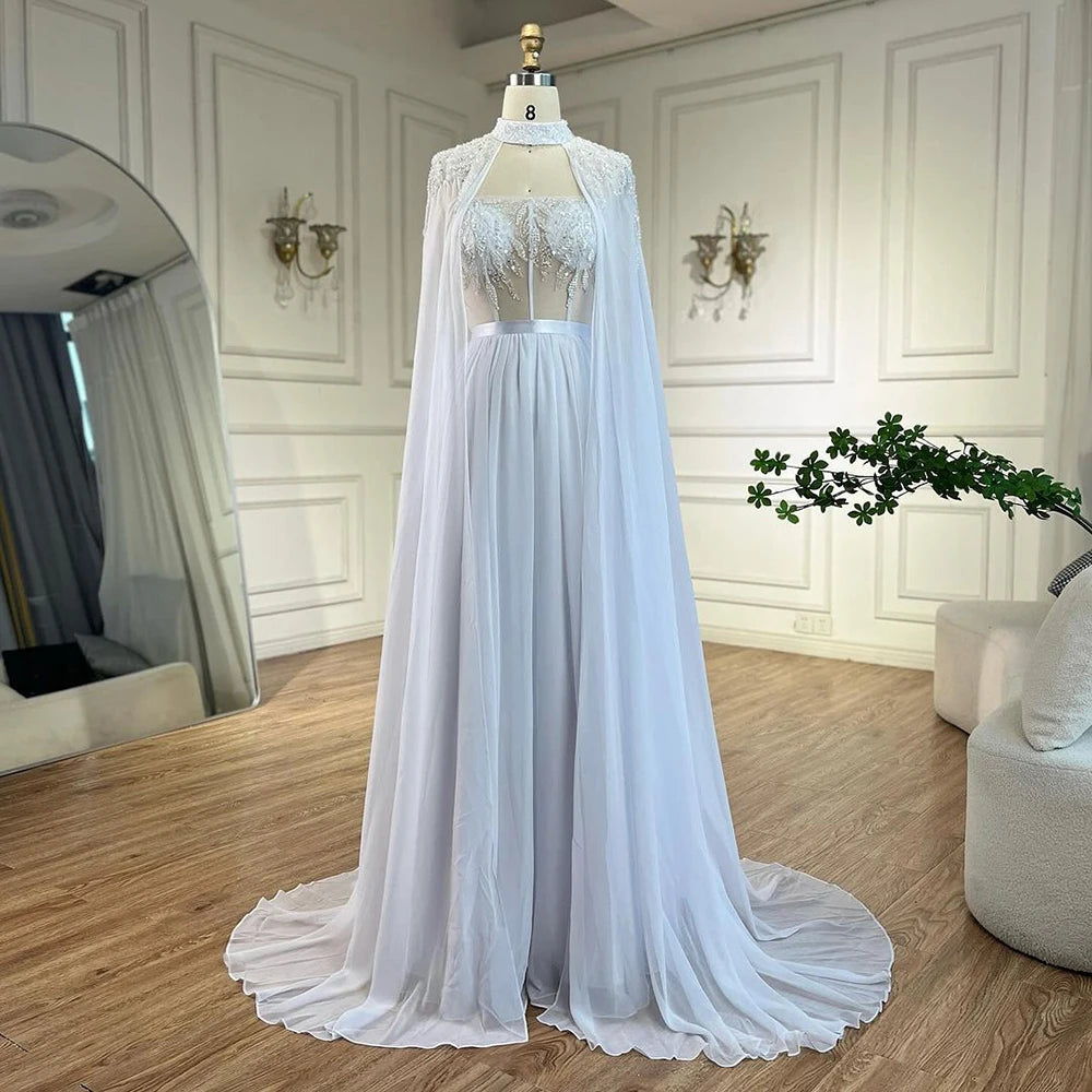 Elegant Arabic White Beaded Lace Mermaid Wedding Gown with Detachable Cape | Women's Evening Dress for Bridal Party, Prom, Gala & Special Occasions 2025 LA72415 | Perfect for Beach Weddings, Red Carpet Events & Formal Dinners