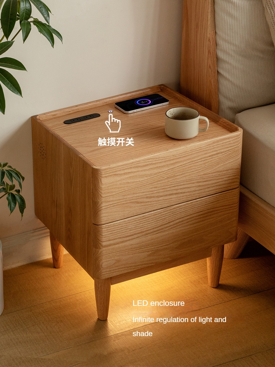 Oak Solid Wood Smart Nightstand with Wireless Charger, USB Ports & Built-in Lamp - Perfect for Bedroom, Living Room & Office