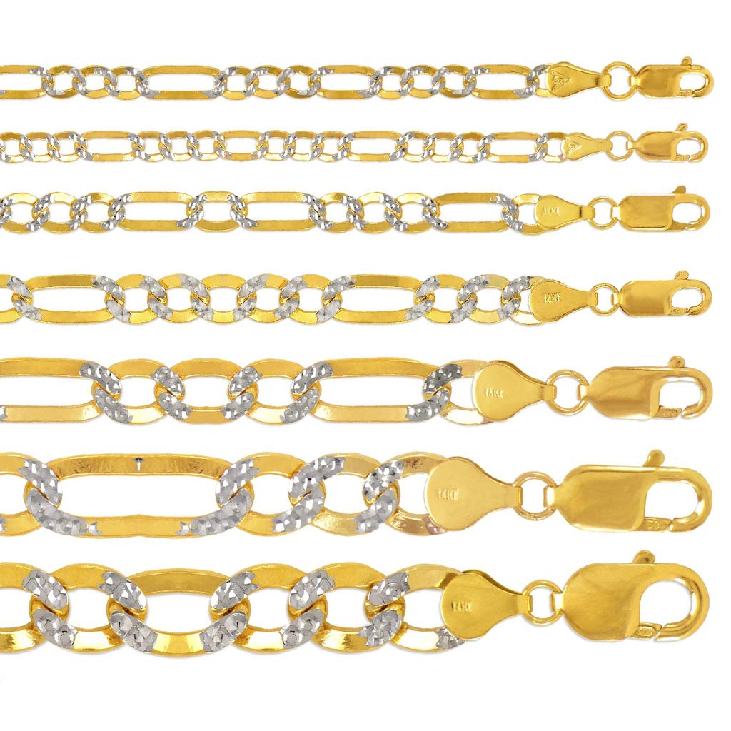 14K Gold Figaro Chain Necklace - Italian Ultralight White Pave Link Jewelry for Women & Men - Strong Shiny Flawless Gift (16-26 Inch Length, 3.0-9.0mm Width) - Perfect for Everyday Wear, Special Occasions & Gifting