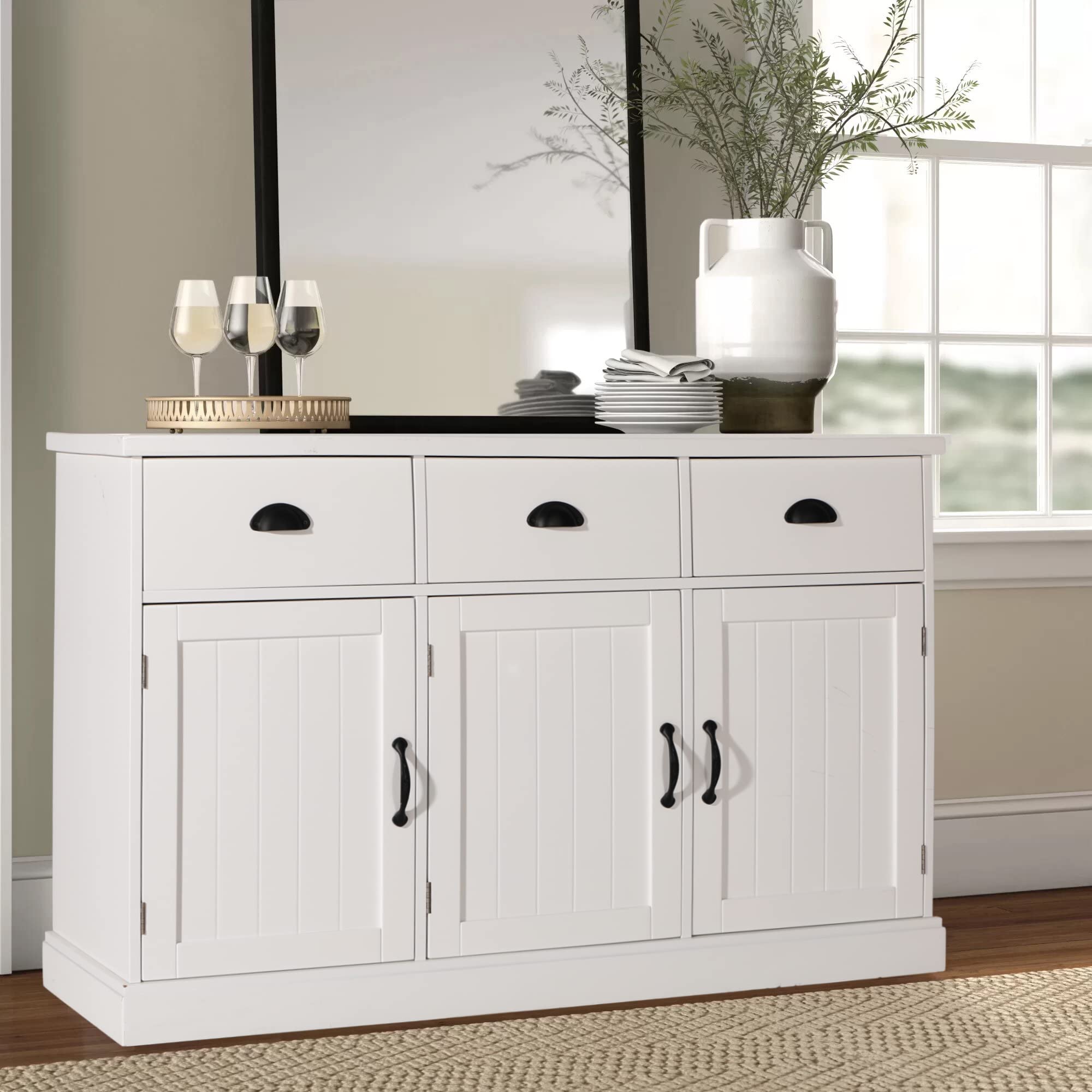 PHI VILLA White Kitchen Buffet Cabinet with 3 Drawers & Doors - Modern Dining Room Sideboard, Storage Credenza Console Table for Small Spaces | Perfect for Kitchen Organization, Dining Room Storage & Home Decor