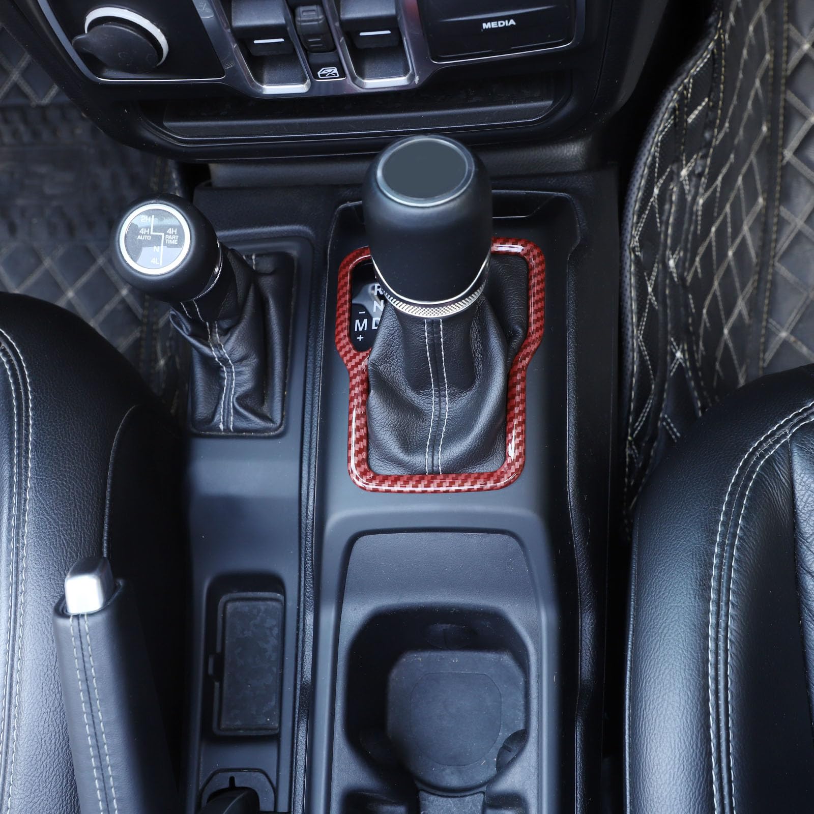 RT-TCZ Red Carbon Fiber Gear Shift Trim Cover Frame for Jeep Wrangler JL JLU & Gladiator JT (2018-2024) - Interior Accessories | Enhances Dashboard Style & Protects Gear Shift | Perfect for Off-Road Adventures & Daily Commutes