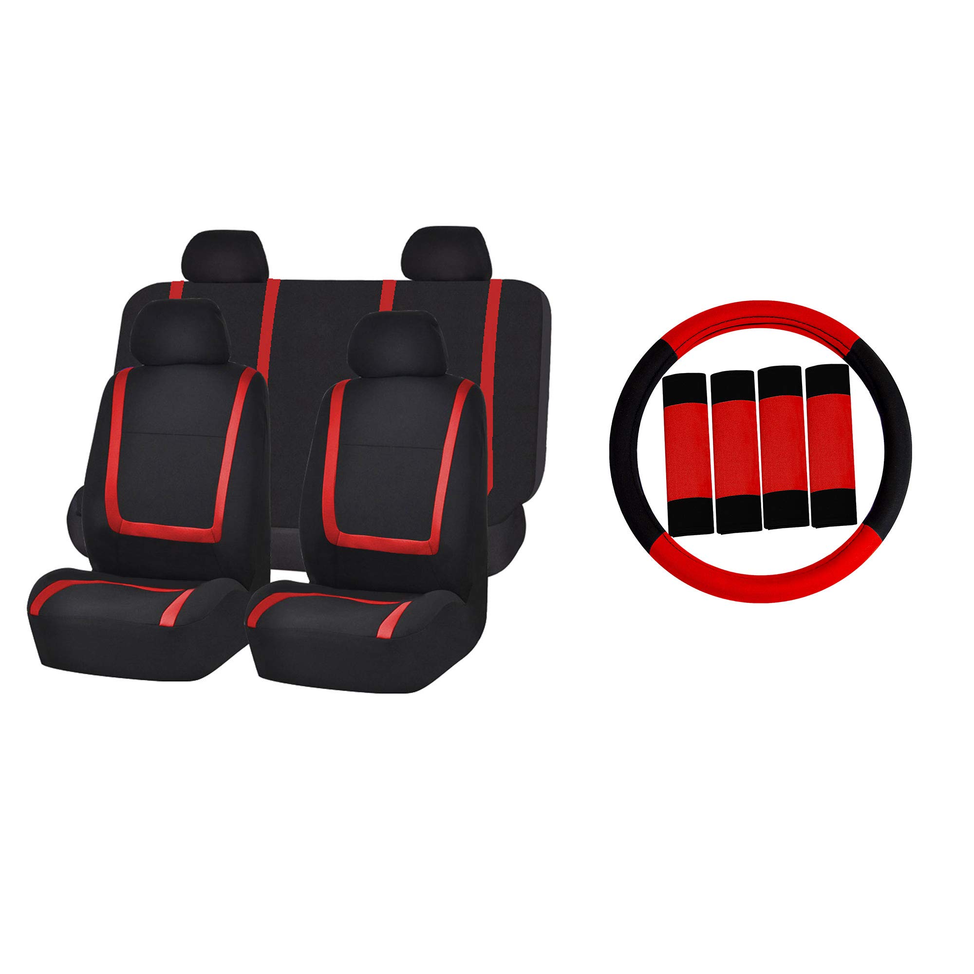 TLH Automotive Universal Car Seat Covers Full Set - Premium Flat Cloth Design with Steering Wheel Cover & Seat Belt Pads (Red) - Perfect Fit for Cars, Trucks & SUVs | Ideal for Daily Commuting, Road Trips & Vehicle Protection