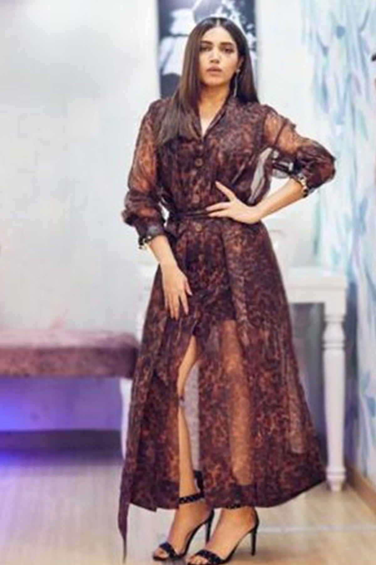 Bhumi Pednekar Stone Print Jacket & Dress Set with Belt - Stylish Women's Outerwear for Casual Outings & Evening Events
