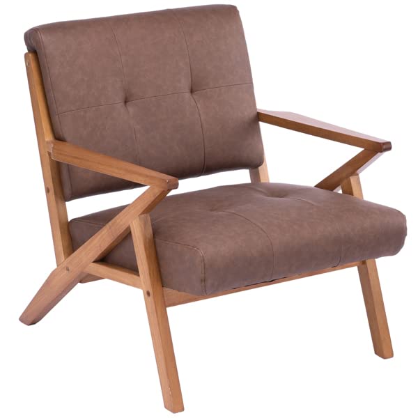 Mid-Century Modern Lounge Chair with Solid Wood Armrest & Feet - Retro Upholstered Fabric Accent Armchair with Sturdy Wooden Frame - Perfect for Living Room, Bedroom, Home Office & Studio Decor (Brown)