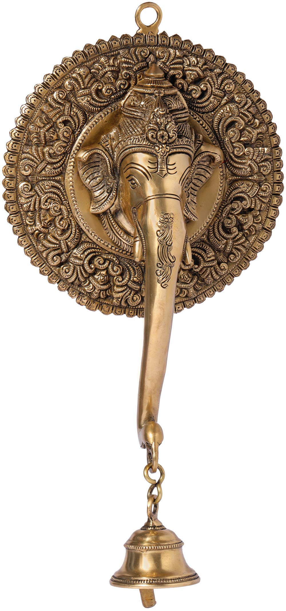 Exotic India Fine Quality Ganesha Mask Bell with Embellished Halo - Brass Wall Hanging Statue for Home Decor, Meditation Room & Spiritual Altar