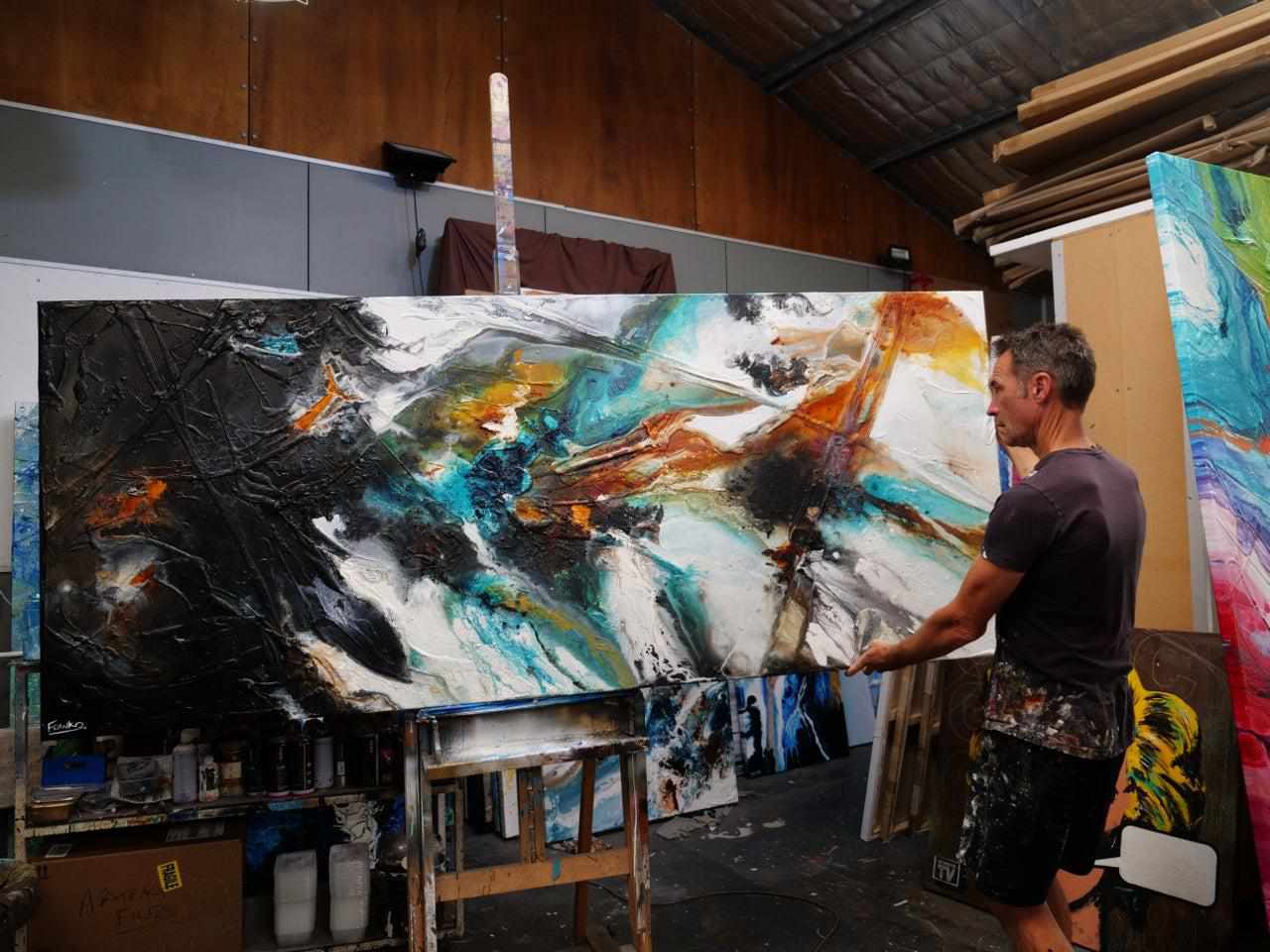 240cm x 100cm Black Teal Oxide Abstract Textured Canvas Painting - Modern Wall Art for Living Room, Bedroom & Office Decor
