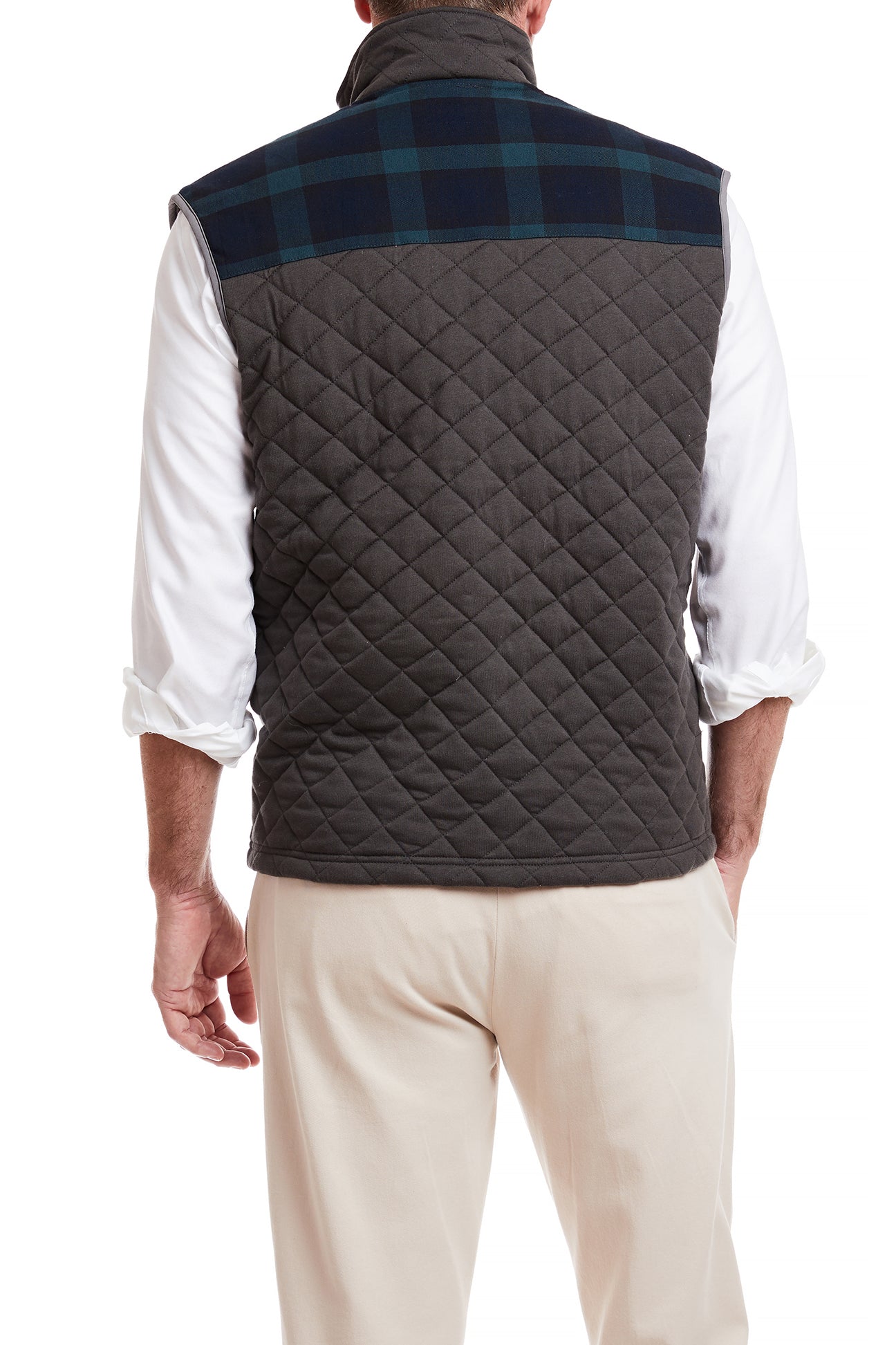 Men's Cross Rip Quilted Vest - Charcoal with Blackwatch Plaid Trim - Outdoor Hunting & Casual Winter Wear
