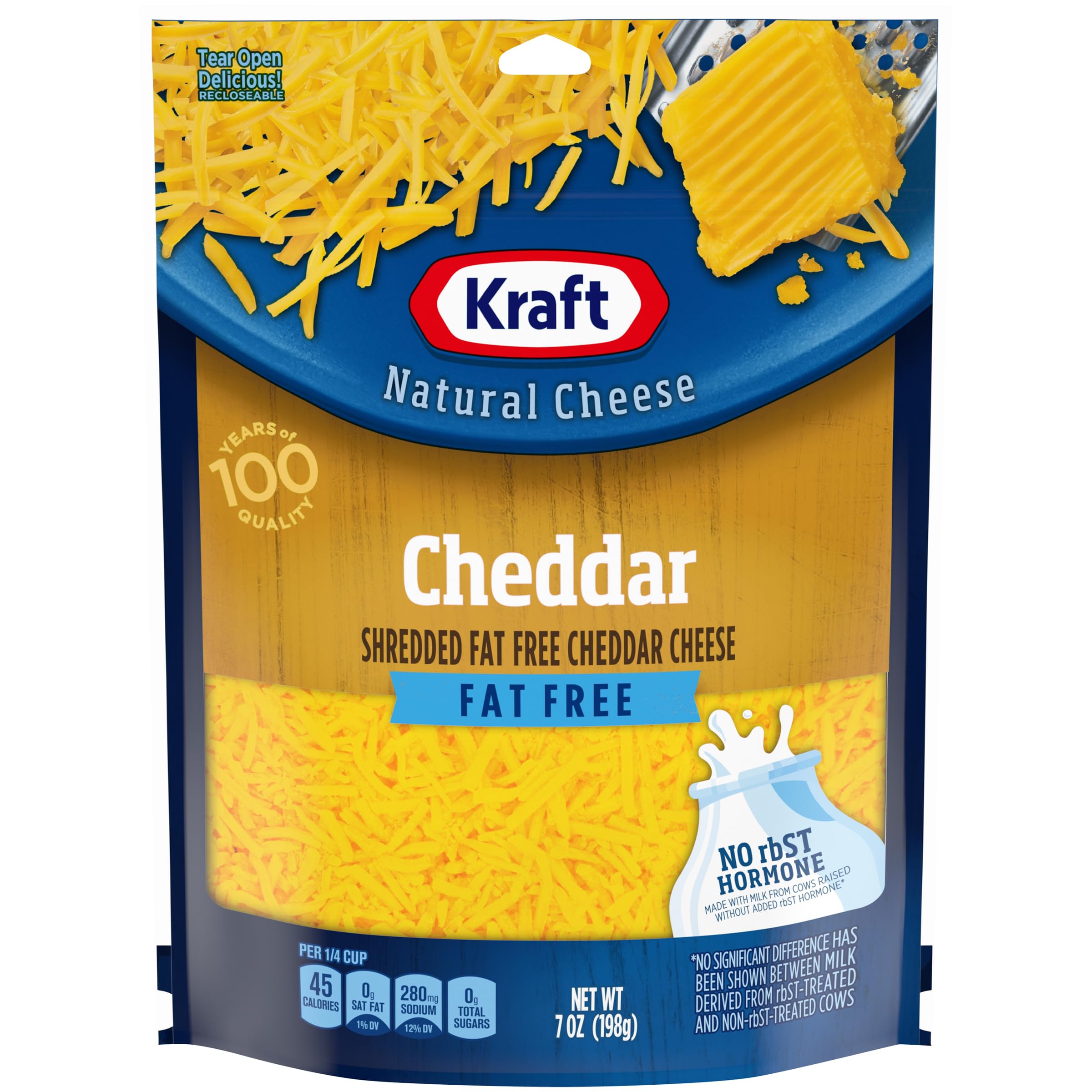 Fat Free Natural Cheddar Shredded Cheese - 7 oz Resealable Pouch | Kraft | Low Calorie, Gluten Free | Perfect for Salads, Pasta & Keto Recipes