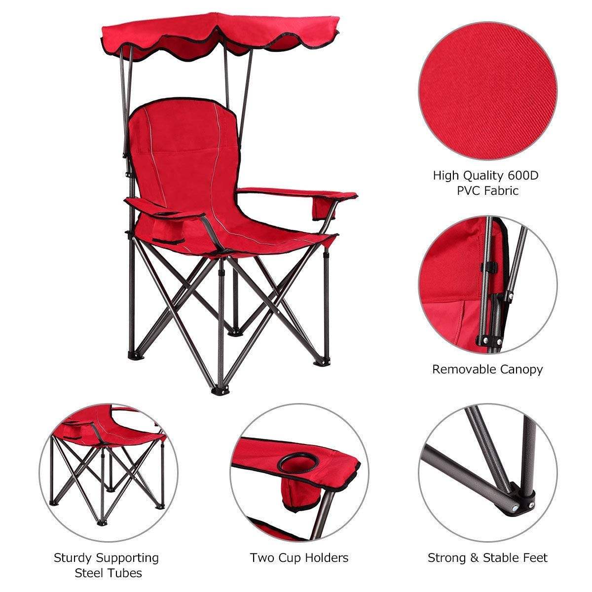 Renetto Portable Folding Beach Canopy Chair with Cup Holders - Best Selling Lounge & Picnic Chair for Outdoor Relaxation (Red) - Perfect for Beach, Camping, Backyard and Poolside Use