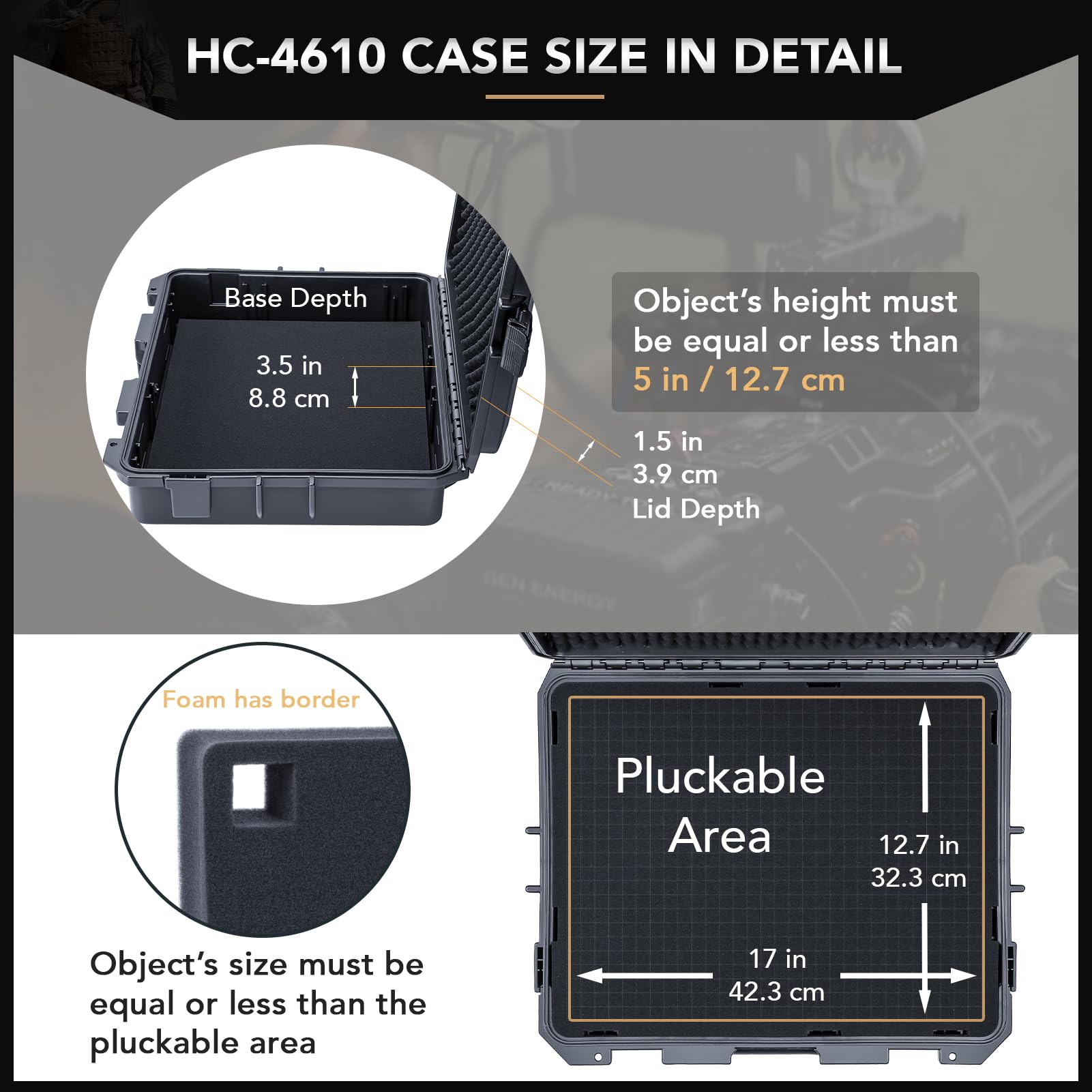 Lykus HC-4610 Waterproof Hard Case with Customizable Foam Insert - 46x36x13cm Interior for 17'' Laptop, Camera Gear & Electronics - Perfect for Travel, Outdoor Adventures & Equipment Protection