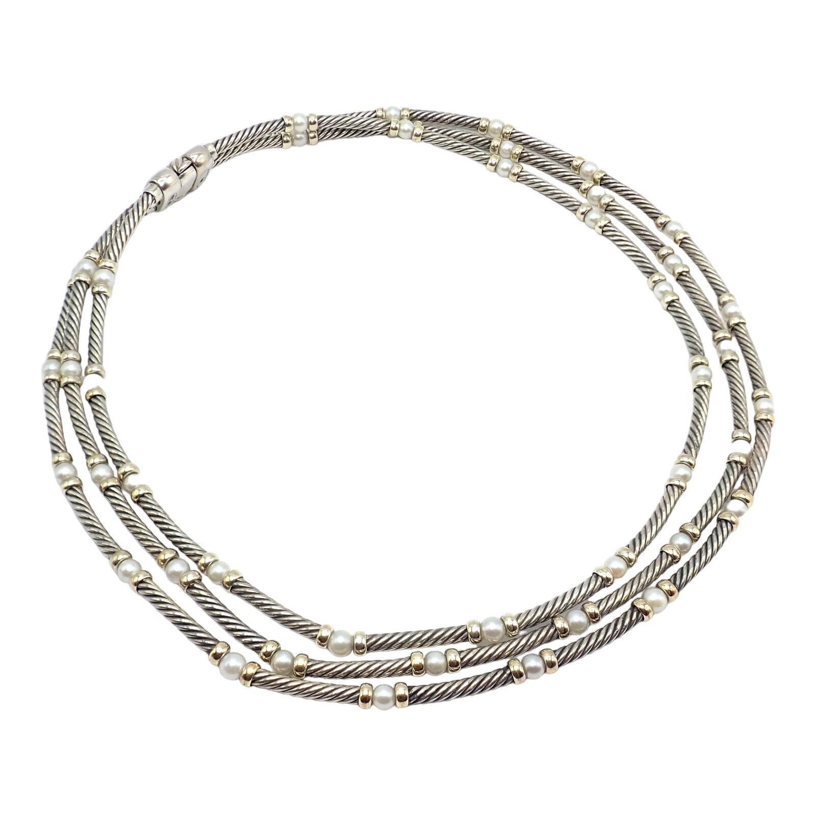 David Yurman DY Sterling Silver & 14k Yellow Gold 3 Cable 3mm Pearl Necklace - 15