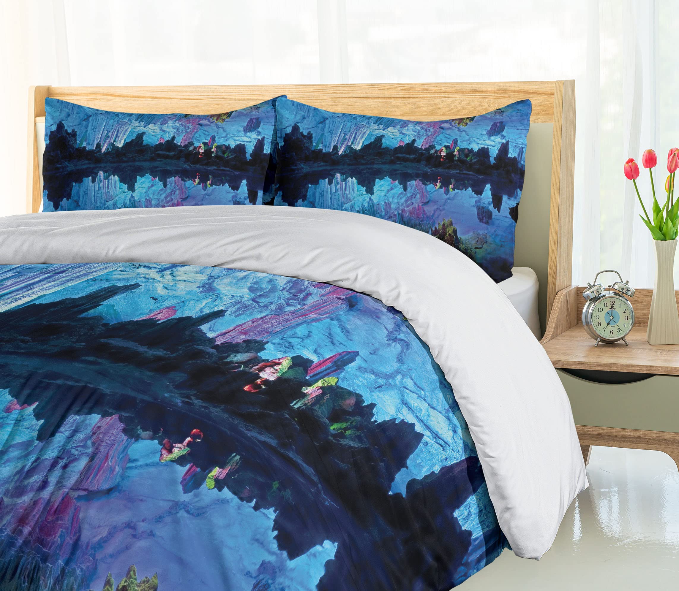 Ambesonne Natural Cave Duvet Cover Set - Reed Flute Cistern Crystal Palace Mystical Space Print 3-Piece Bedding Set with 2 Pillow Shams, California King Size, Blue | Cave-Themed Bedroom Decor for Fantasy & Nature Lovers