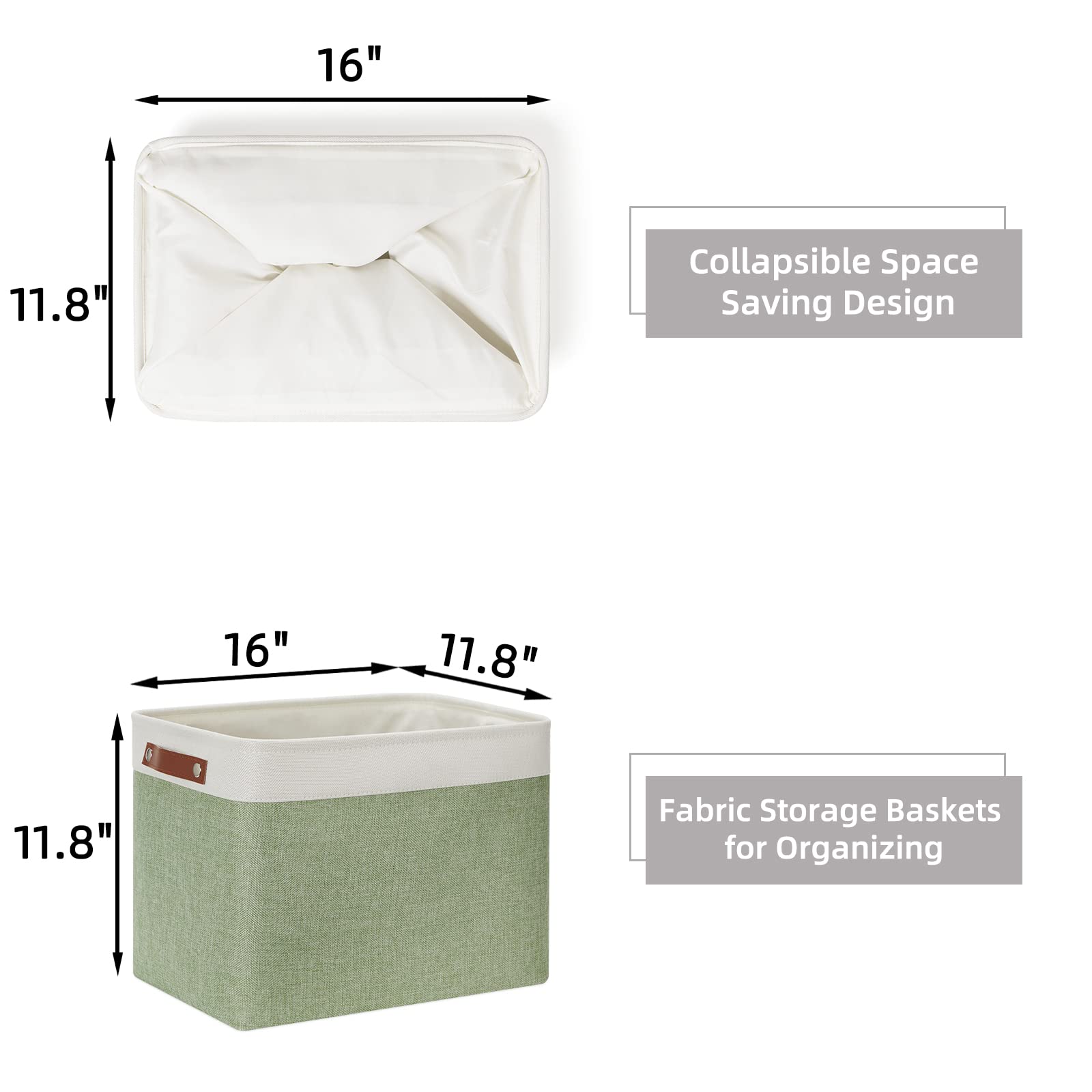 HNZIGE Large Fabric Storage Baskets with Leather Handles - 2 Pack Foldable Decorative Organizer Bins for Shelves, Toys, Closet & Home Organization (Green, 16