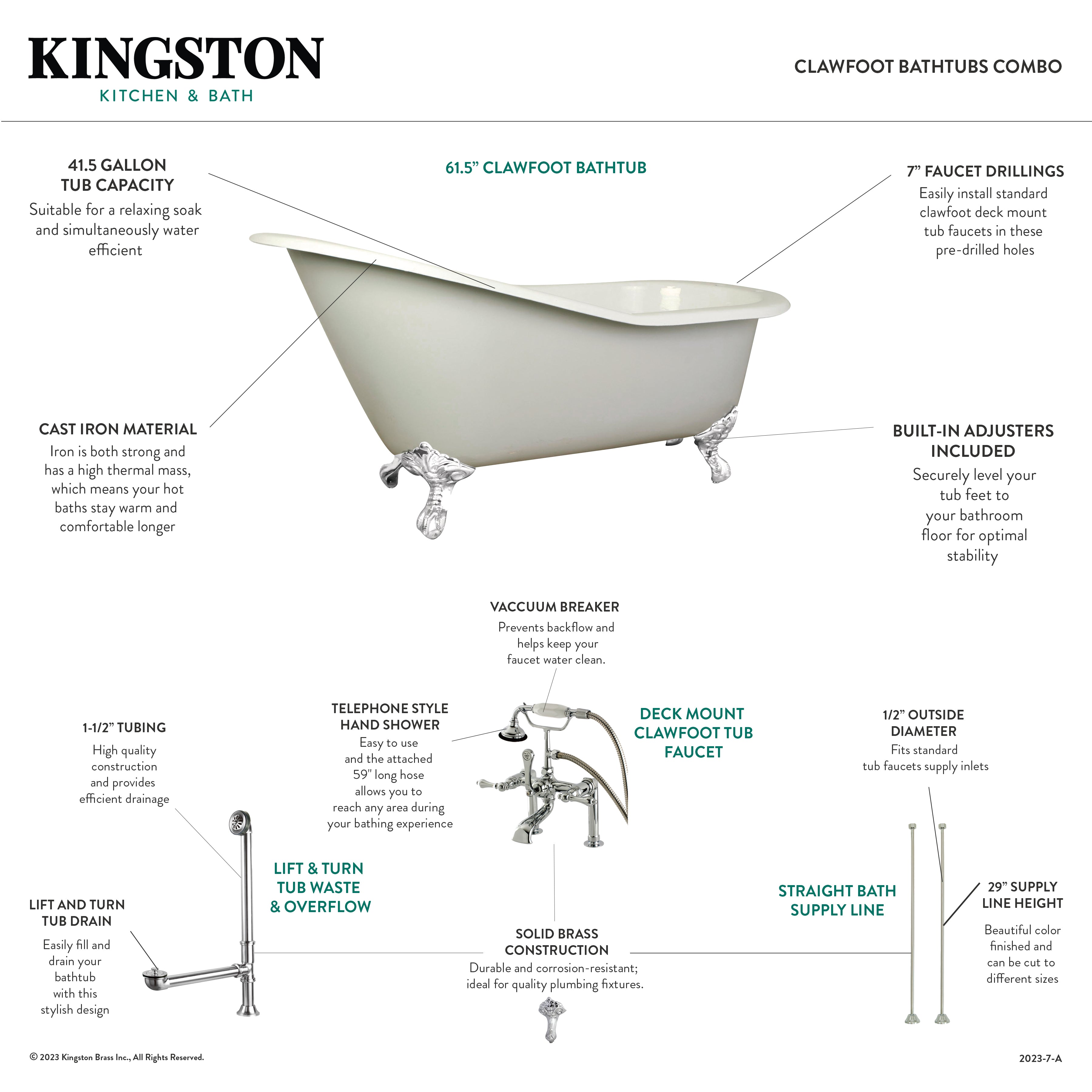 Aqua Eden 62 Inch White Cast Iron Oval Single Slipper Clawfoot Bathtub with Faucet, Drain & Supply Lines - Vintage Freestanding Soaking Tub for Luxury Bathroom & Spa Retreat - Polished Chrome Finish