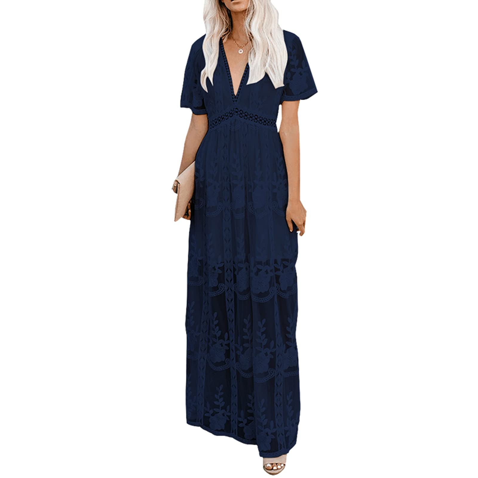 Women's Floral Lace Deep V-Neck Short Sleeve Maxi Dress - Elegant Long Bridesmaid Gown for Weddings, Parties & Special Occasions