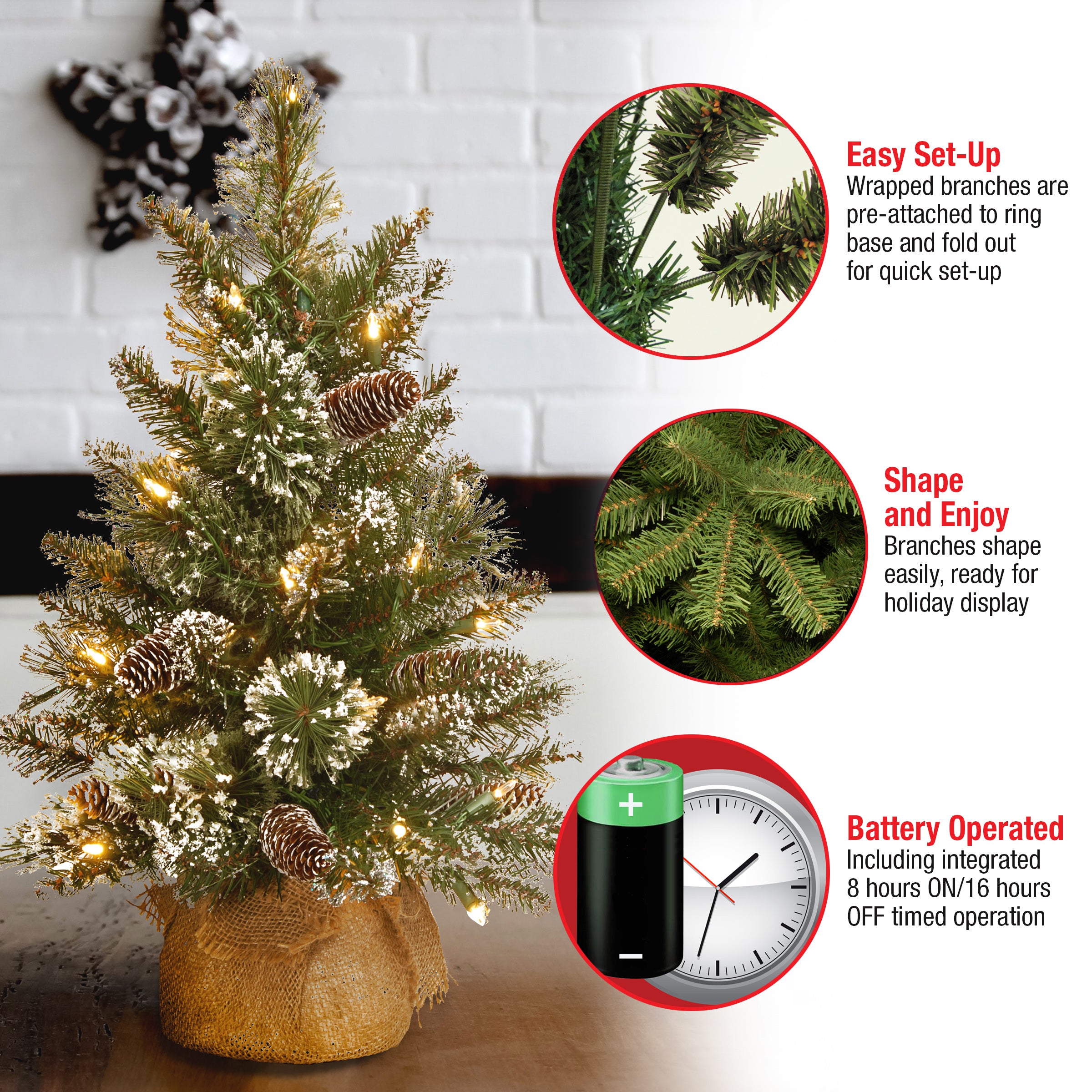2 ft. Pre-Lit Glittery Bristle Christmas Tree with Warm White LED Lights - Perfect for Holiday Home Decor, Office, and Party Festive Atmosphere