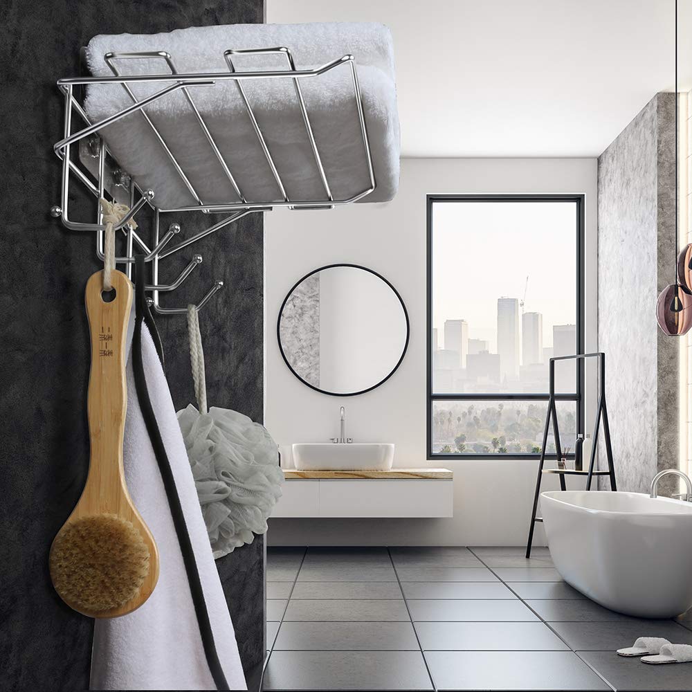 Stainless Steel Shower Shelf & Bath Towel Holder - No Drill Adhesive Wall Mounted Towel Rack with Hooks & Storage Shelf (19.88 Inch) - Perfect for Bathroom, Hotel & Spa Organization - LT-82010