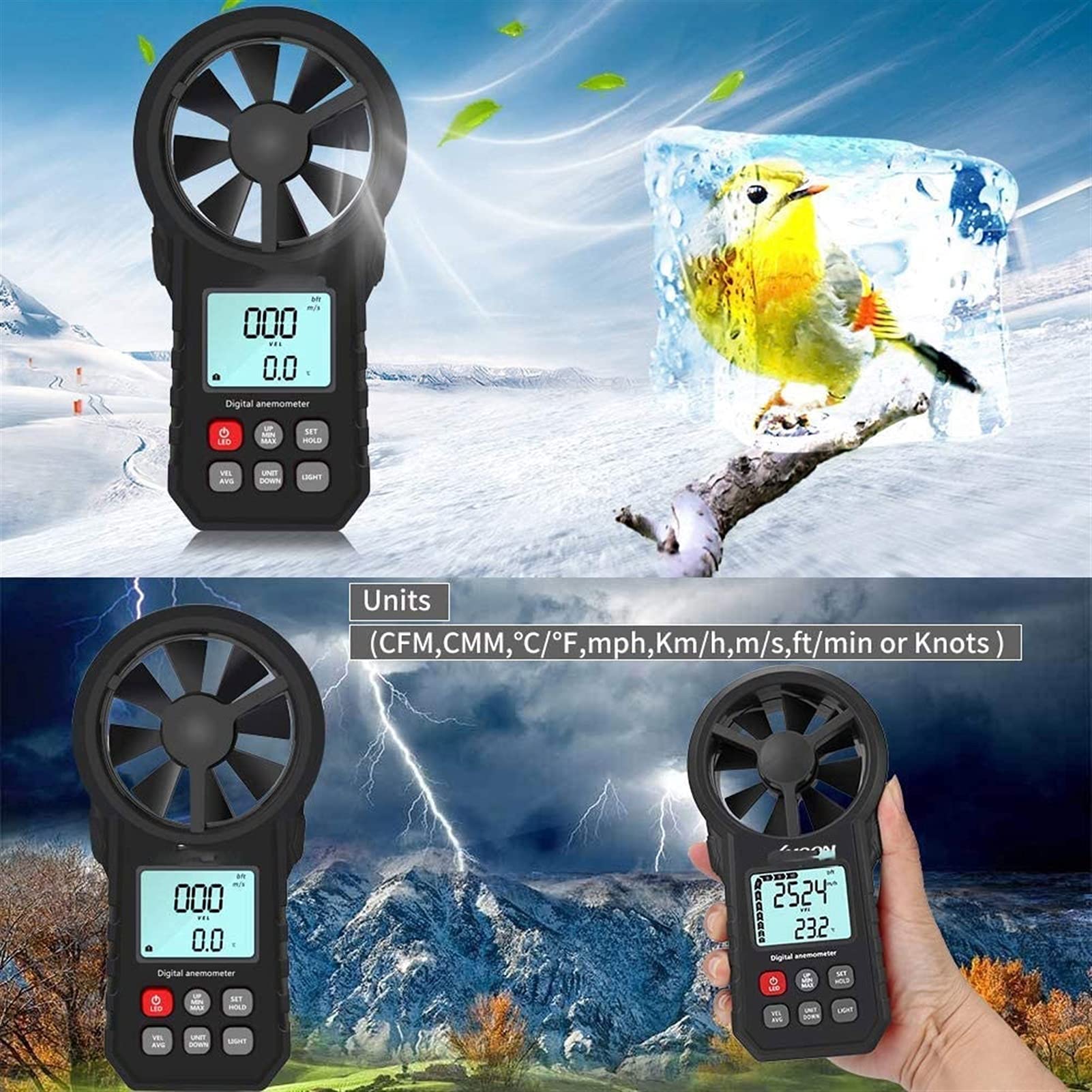 Portable Handheld Wind Speed & Chill Temperature Meter - Digital CFM Wind Gauge with LCD Backlight for Weather Monitoring | Perfect for Outdoor Activities, Sailing, Surfing, Fishing, and Scientific Data Collection