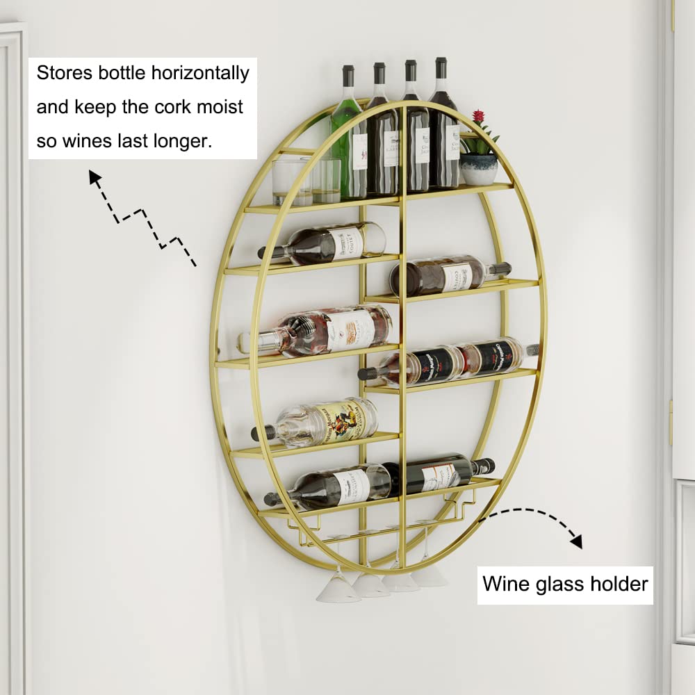 12 Bottle Wall Mounted Wine Rack - Gold Metal Bar Shelf with Glass Holder - Hanging Display for Home Bar, Dining Room & Kitchen (35.5