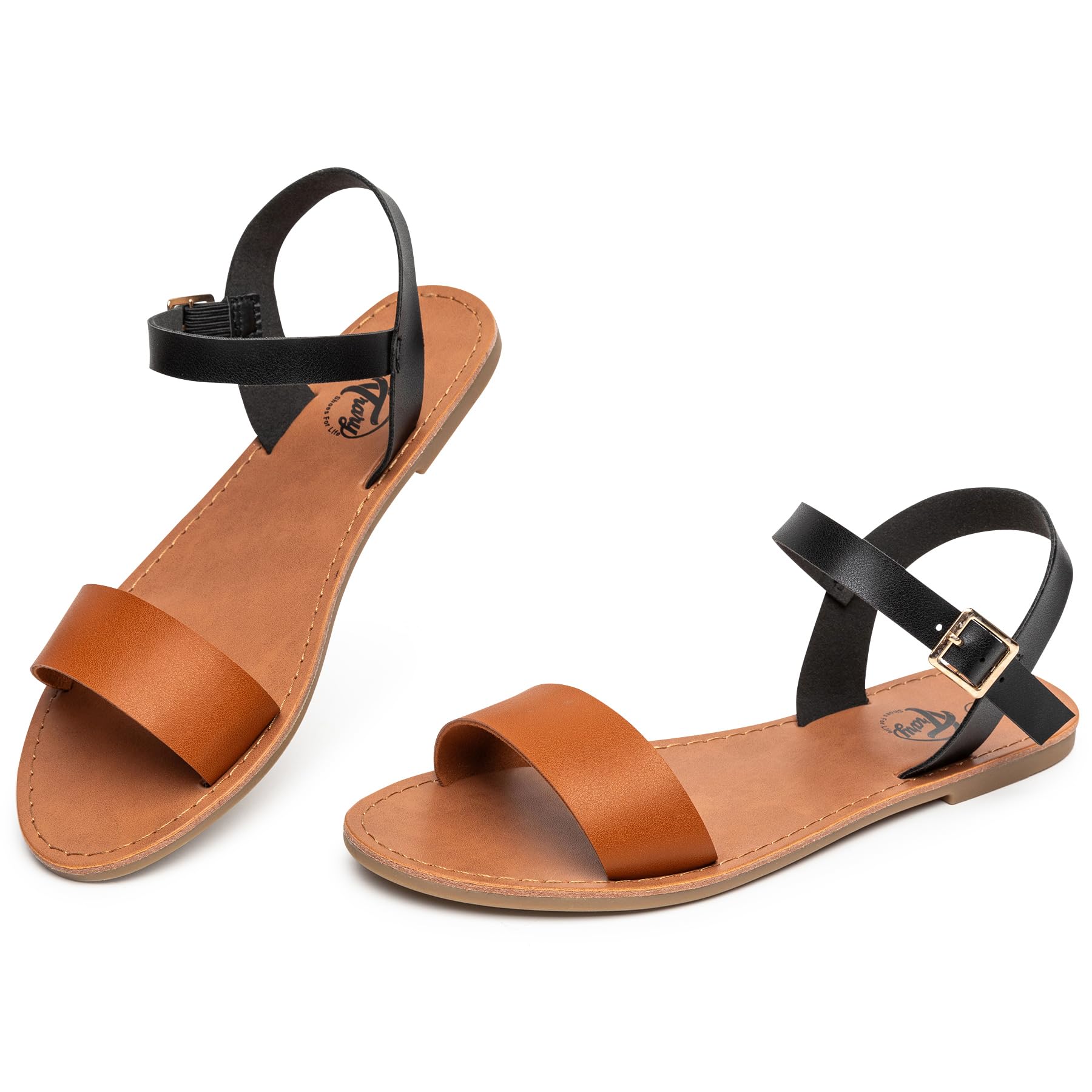 Stylish Women's Leather Gladiator Sandals with Adjustable Metal Buckle - Comfortable Flat Summer Sandals for Wedding, Party & Casual Wear - Open Toe Two-Tone Ankle Strap Dressy Sandals for Women