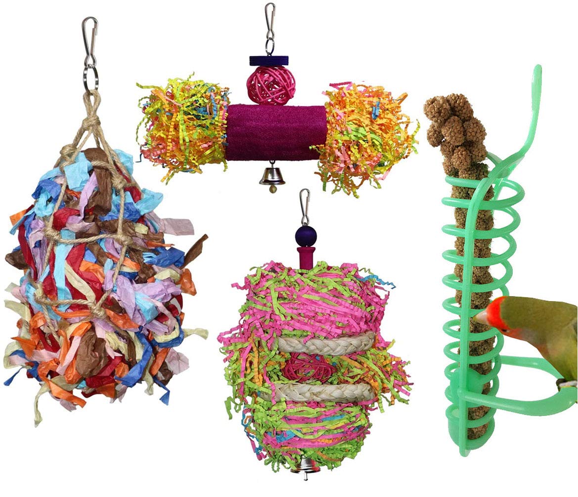 4 Pack Colorful Parrot Chewing & Foraging Toys with Bell - Hanging Shredder Swing Toys for Parakeets, Conures, Cockatiels, Lovebirds & Small Birds | Perfect for Cage Enrichment & Mental Stimulation