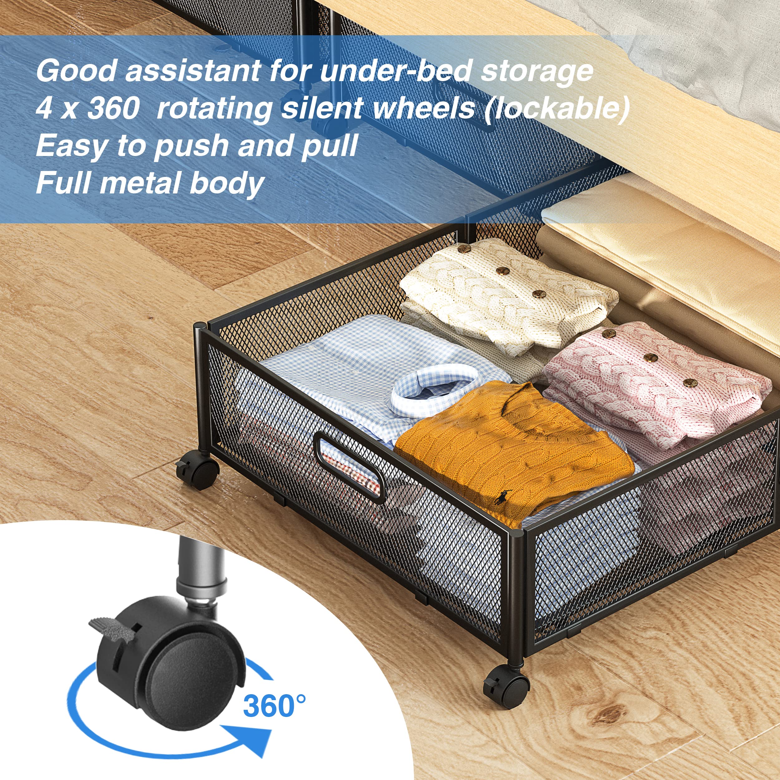 Under Bed Storage with Wheels - 4 Pack Metal Underbed Storage Containers & Drawers for Shoes, Clothes, Blankets | Bedroom Organization Solution | Space-Saving for Small Apartments & Dorm Rooms