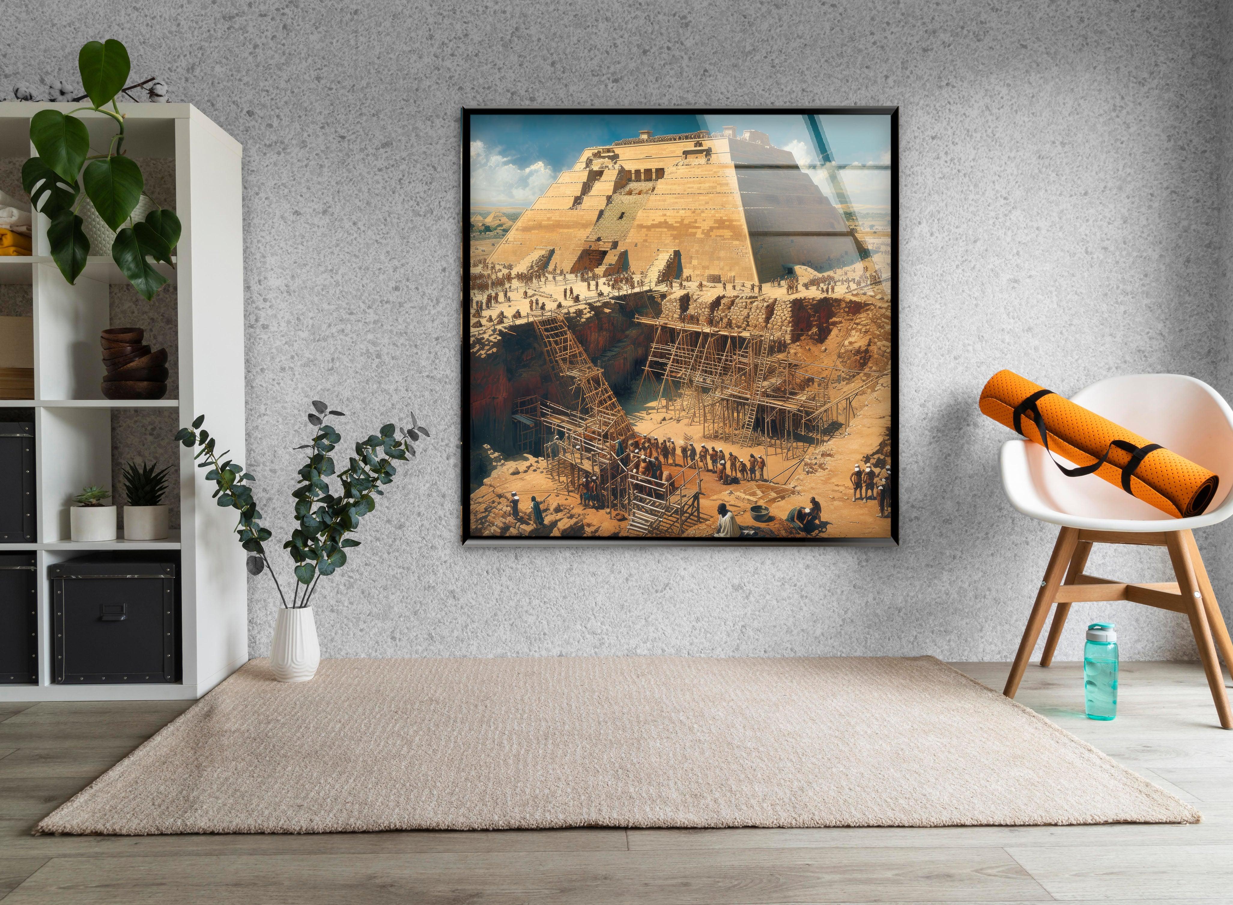 Ancient Pyramid Construction Glass Wall Art - Handmade Egyptian History Decor for Home & Office - Perfect for Living Room, Bedroom, or Office Wall Decor