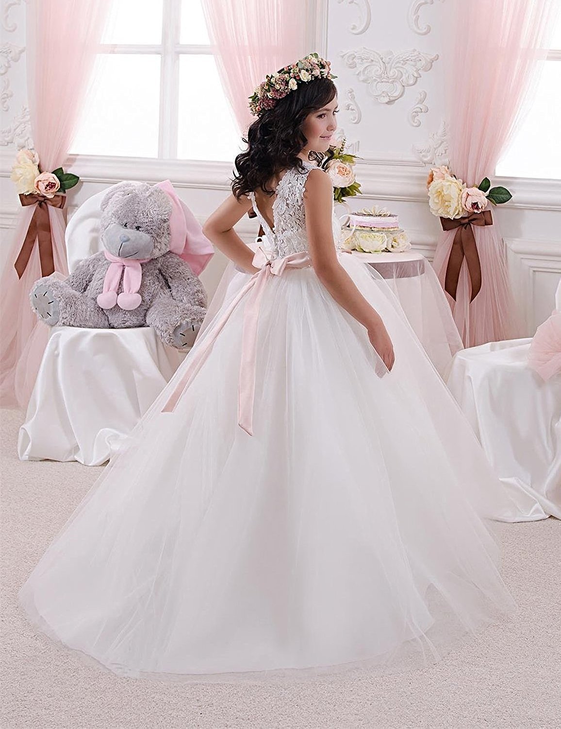 Elegant Long Flower Girl Dress with Lace Beading & Tulle Ball Gown - First Communion Dresses for Girls - US Size 8 Ivory - Perfect for Weddings, Baptisms & Special Occasions