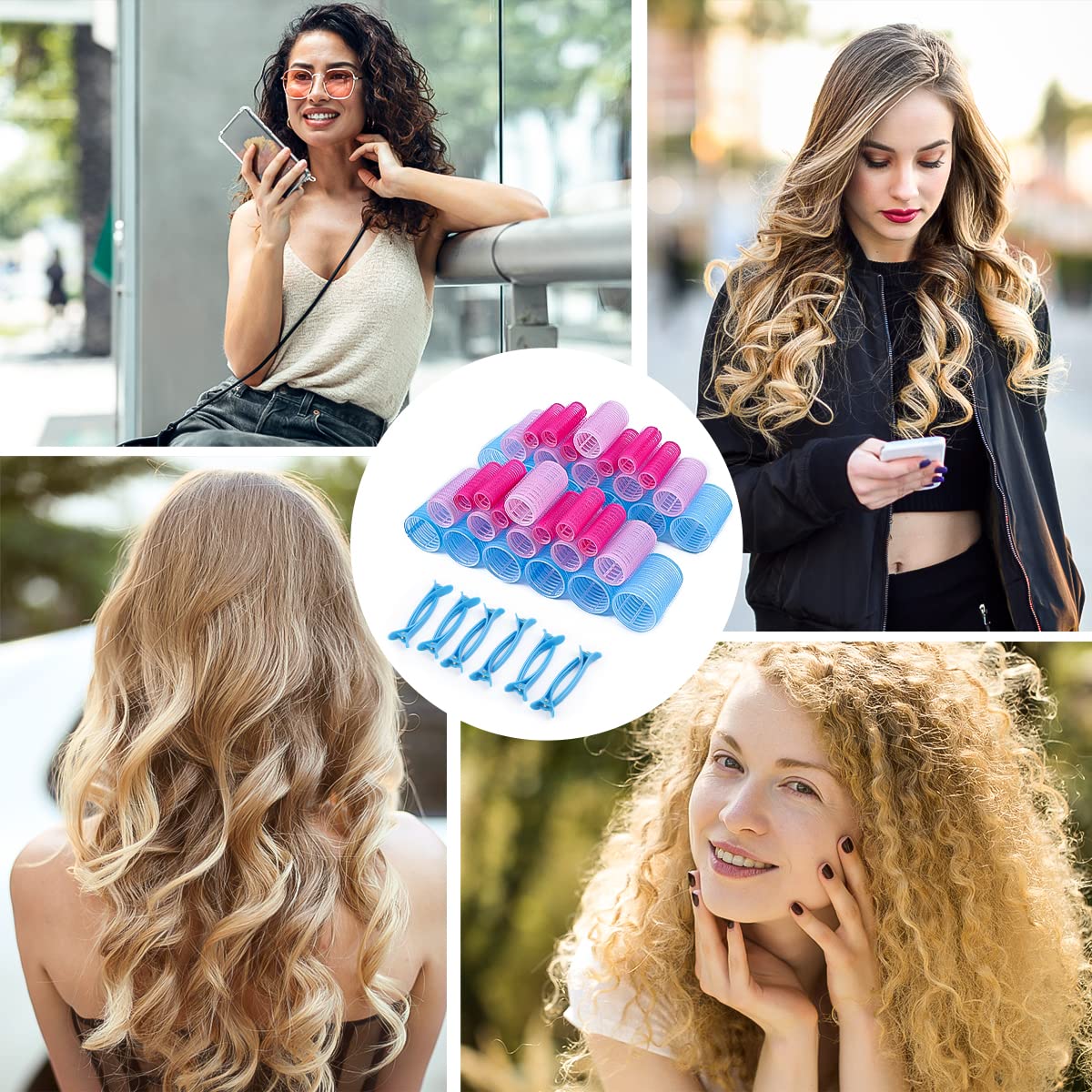 Encuryna 50-Pack Self-Adhesive Hair Rollers Set - No Heat Curling Rollers with Comb & Duckbill Clips for Women - Salon & Home Hair Styling - Perfect for Creating Natural Curls, Waves & Volume