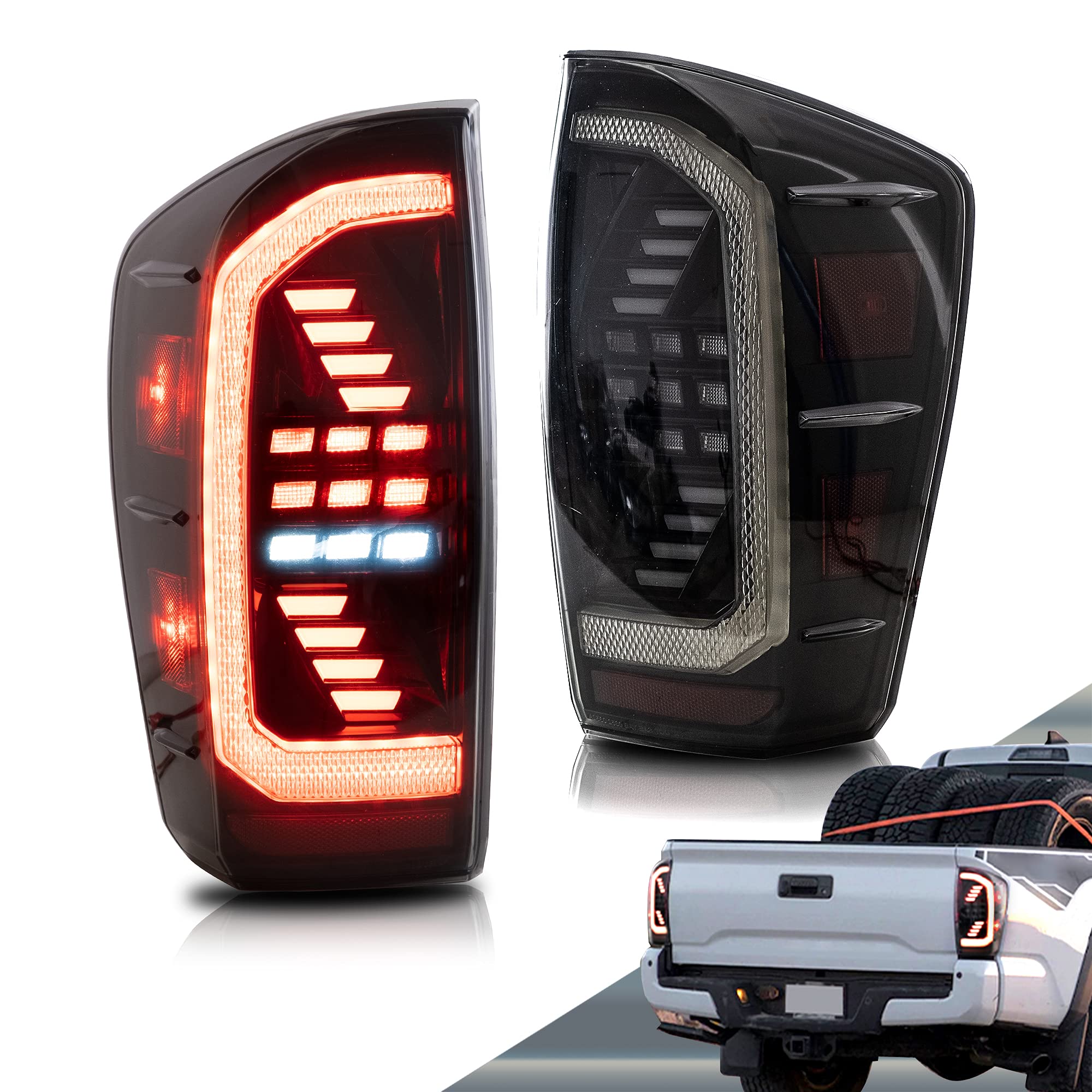 VLAND LED Tail Lights for Toyota Tacoma 2016-2020 - Dynamic Animation DRL with Red Sequential Turn Signals (Smoked/Tinted) - Driver & Passenger Side - Upgrade Your Truck's Style & Safety for Night Driving & Off-Road Adventures
