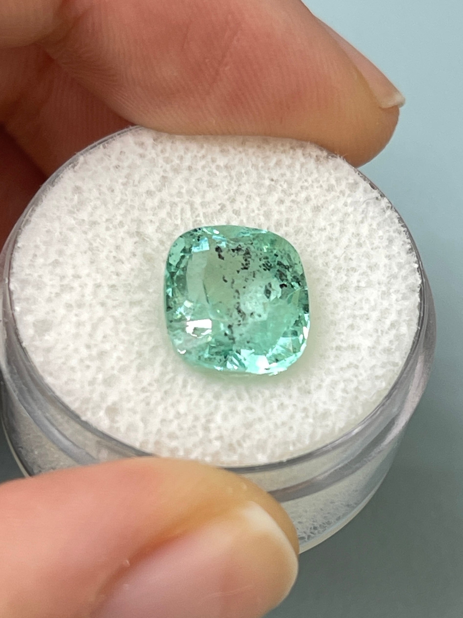 4.94 Carat 11x9.5mm Natural Colombian Emerald Loose Gemstone - Freckled Sea Foam Green Cushion Cut for Jewelry Making, Engagement Rings & Collector's Items