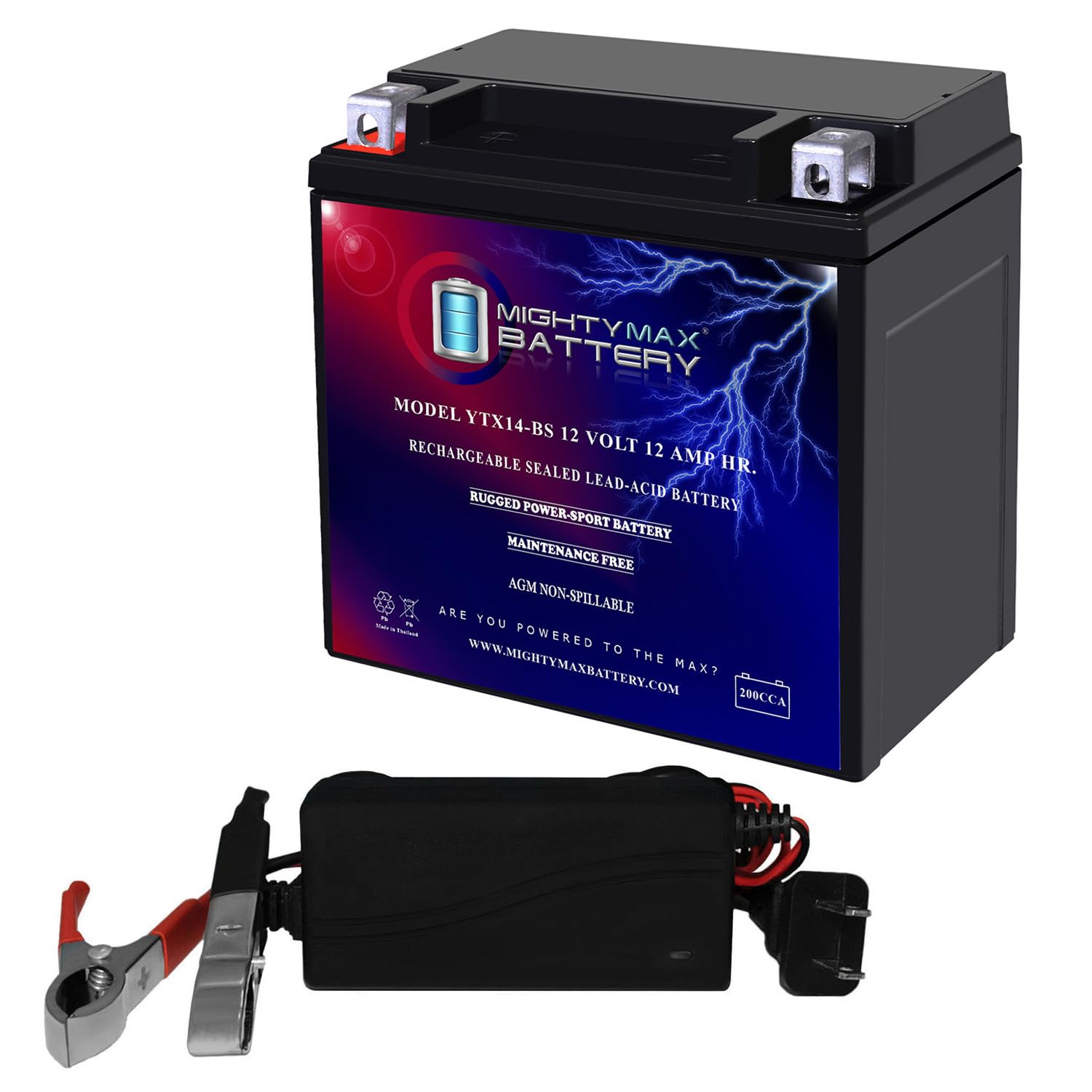 Mighty Max YTX14-BS 12V Sealed Lead Acid Battery with 1A Charger - Compatible with Honda Pioneer 700 (2016 Model) | Perfect for ATV, UTV, Motorcycle & Powersports Vehicles