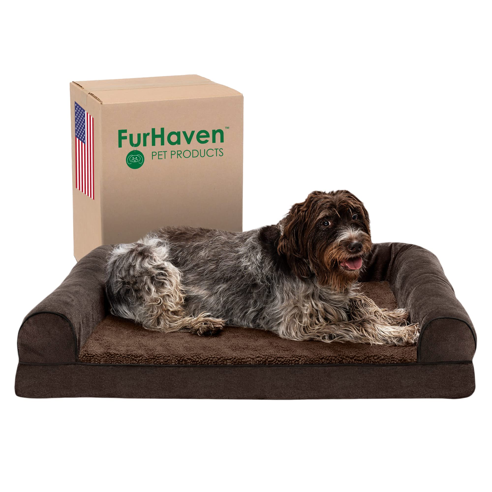 Furhaven Orthopedic Memory Foam Dog Bed for Large Dogs up to 95 lbs - Removable Bolsters & Machine Washable Cover - Sherpa & Chenille Sofa Style - Coffee Color Jumbo/XL Size - Perfect for Living Room, Bedroom or Pet-Friendly Offices