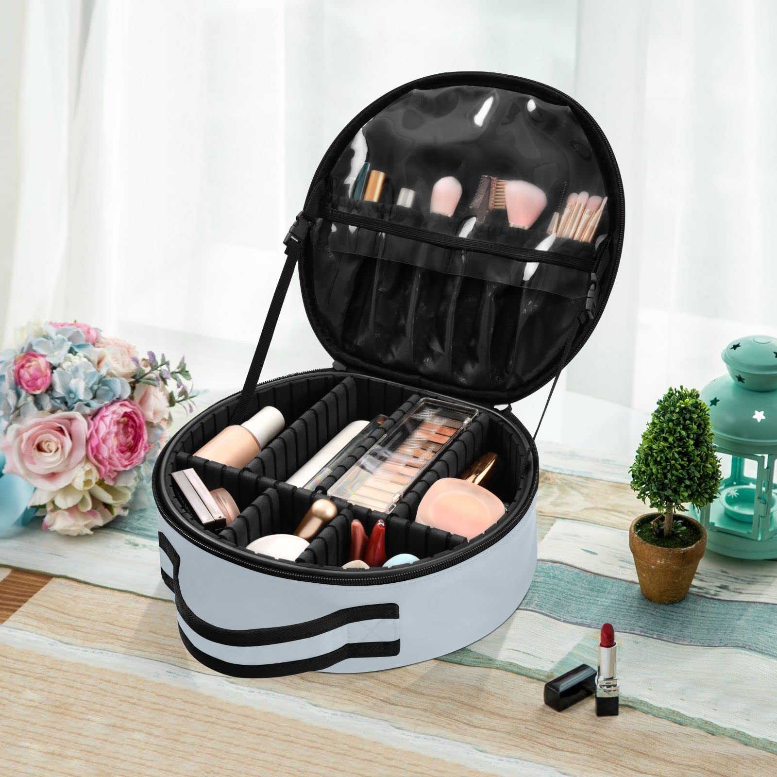 Linqin Travel Makeup Case for Women - Portable Cosmetic Organizer with Adjustable Dividers, Cute Happy Cat Design - Perfect for Jewelry, Brushes & Toiletry Storage | Ideal for Travel, Home & Salon Use