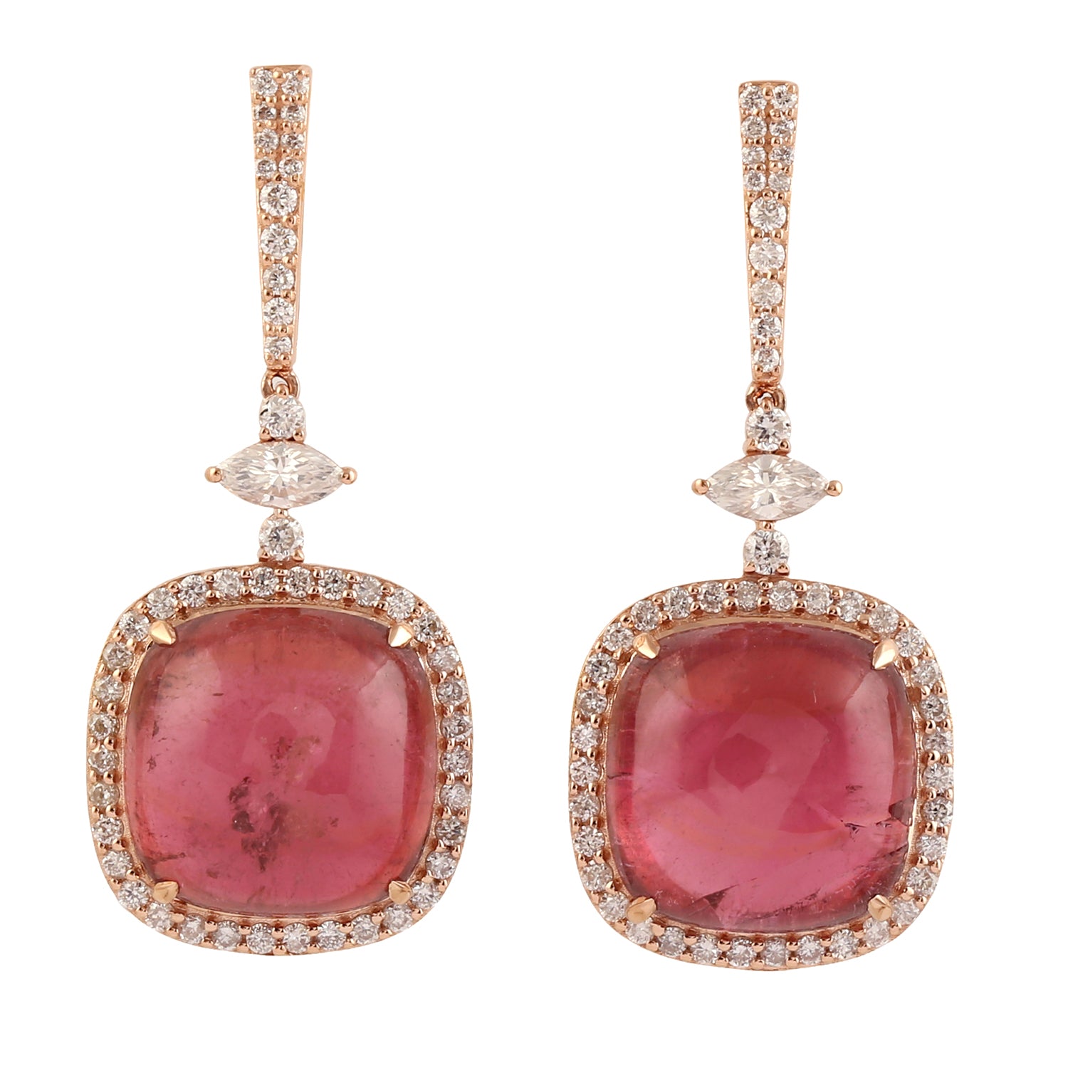 18k Rose Gold Pink Tourmaline and Diamond Drop Dangle Earrings - Elegant Cabochon Gemstone Jewelry for Women, Perfect for Weddings, Parties & Special Occasions
