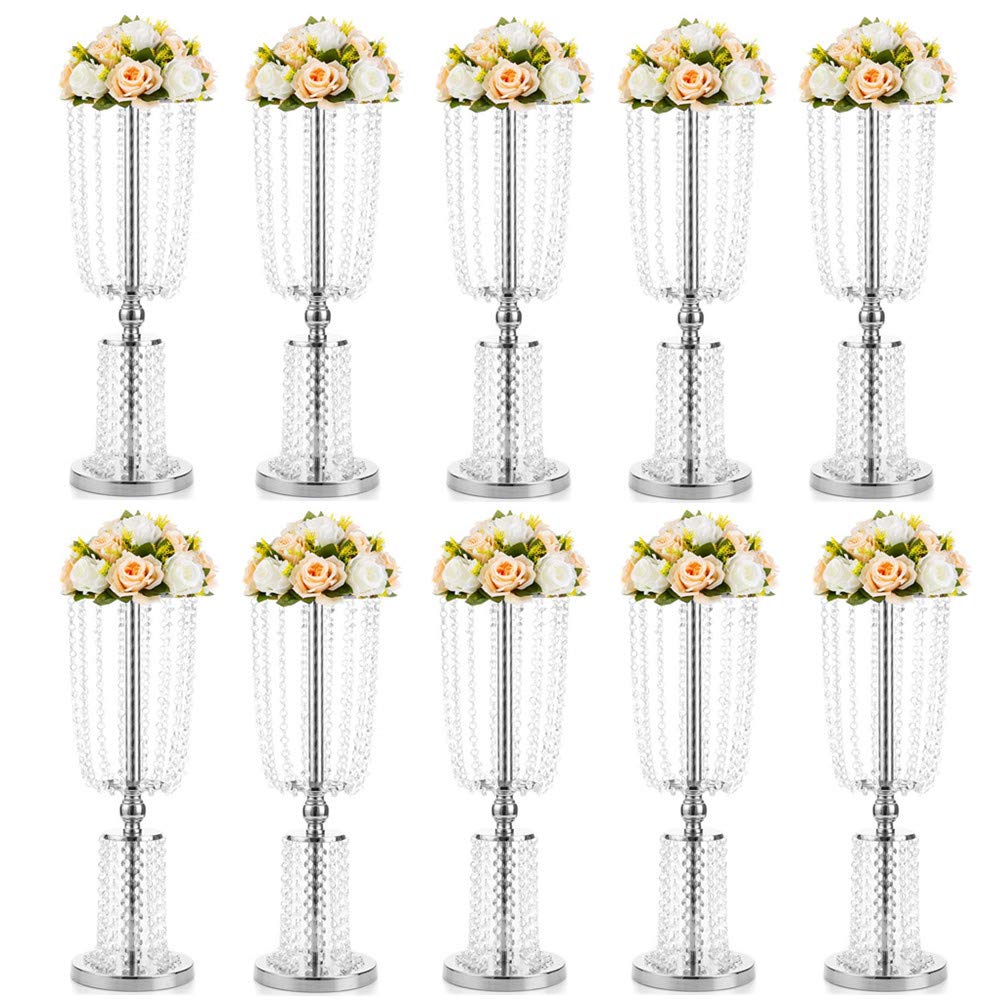 10 Pcs 23.75 Inches Tall Crystal Metal Vase Flower Stand Holders - Elegant Wedding Centerpiece & Table Decor for Reception, Party, Home Decoration