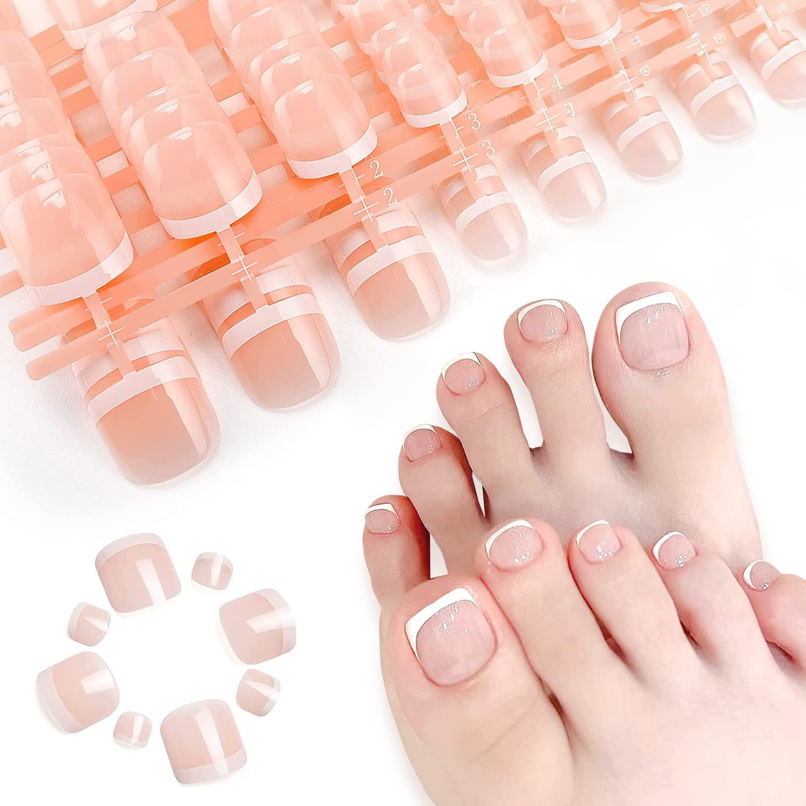 LIARTY 280pcs Short Acrylic False Toe Nails - Natural French Tip Artificial Nails, Full Cover Fake Toe Nails with 12 Sizes - Perfect for Pedicures, Nail Art & Salon Use