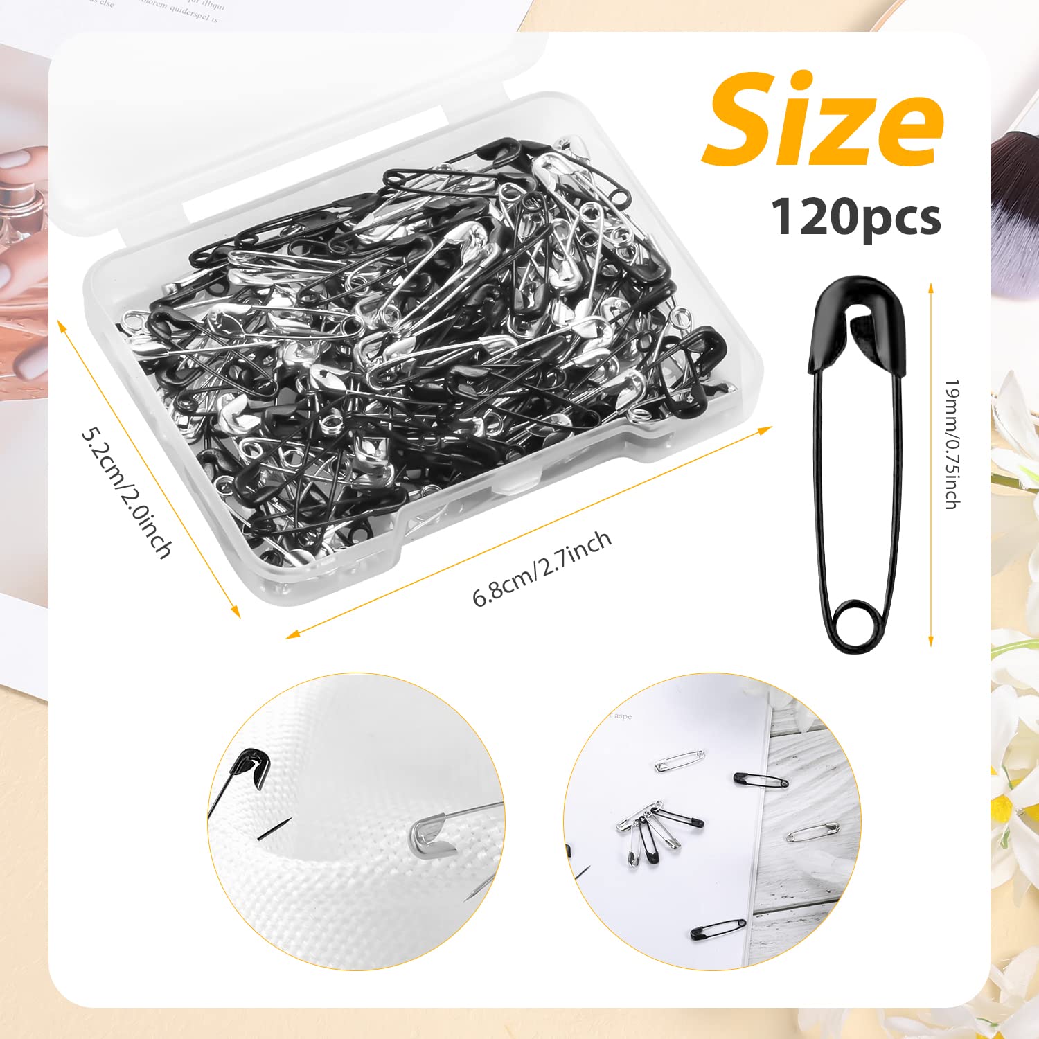 120pcs Nickel Plated Stainless Steel Safety Pins - 19mm Small Black & Silver Assorted Safety Pins with Clear Storage Case for Clothes Sewing, DIY Jewelry Making, Handicrafts & Emergency Repairs | Perfect for Tailoring, Quilting, Fabric Arts & Travel Sewing Kit