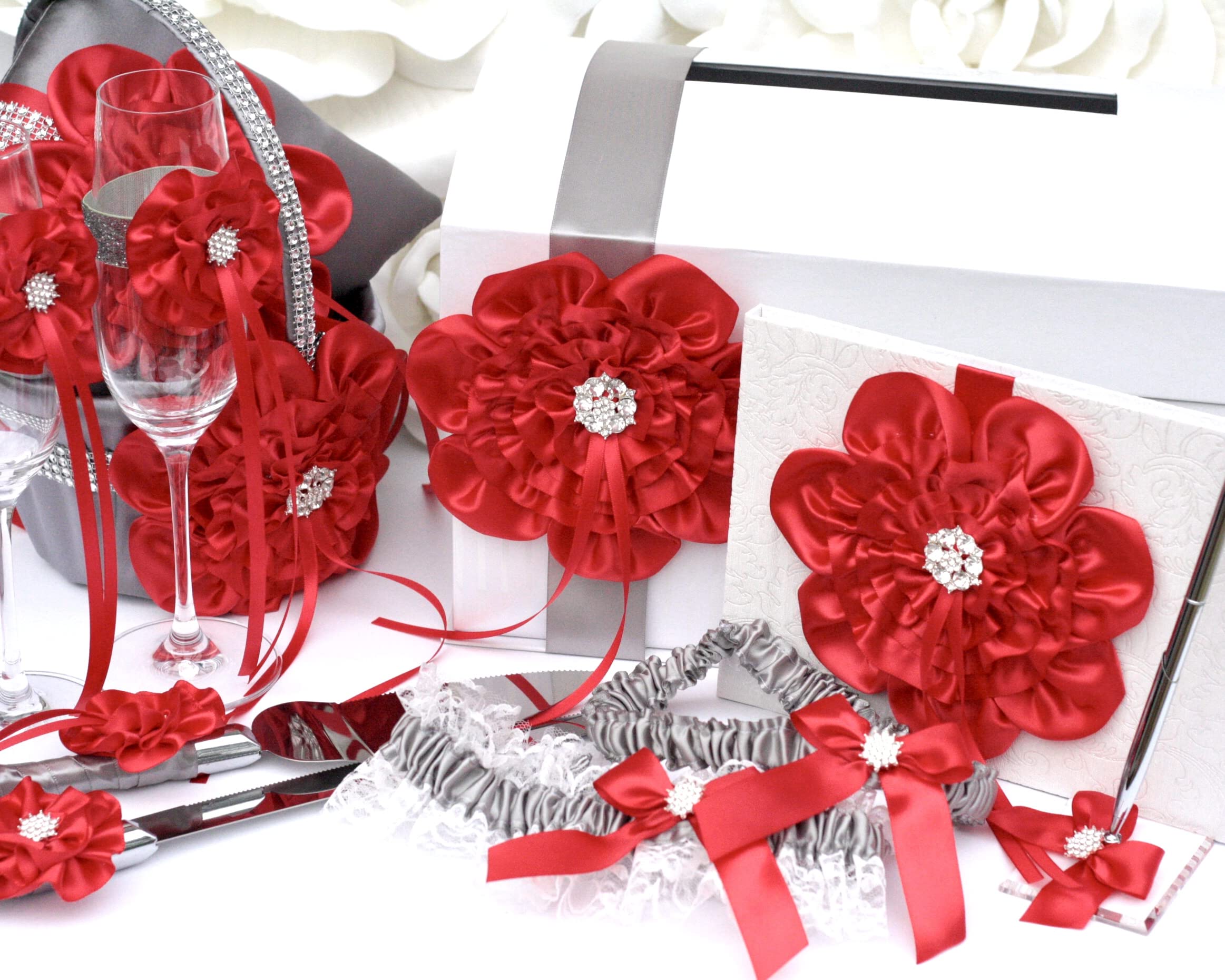 Elegant Gray and Red Wedding Accessories Set - Perfect for Wedding Decorations, Bridal Shower & Reception Decor - Ideal for Romantic Weddings, Anniversary Parties & Special Events