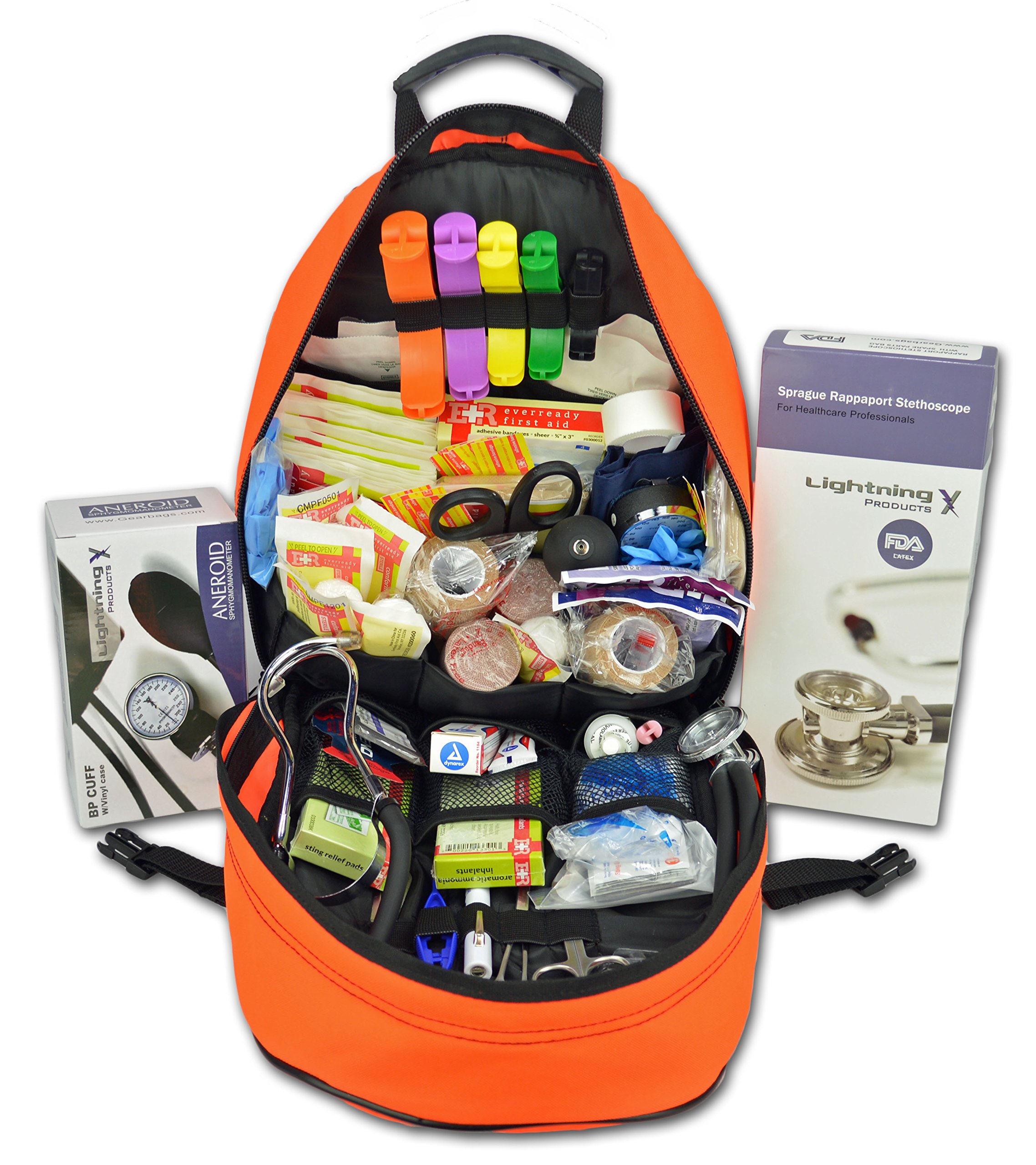 Lightning X EMT EMS First Responder Backpack - Fully Stocked First Aid Kit (Fluorescent Orange) - Ideal for Emergency Medical Technicians, Paramedics & Outdoor Adventures